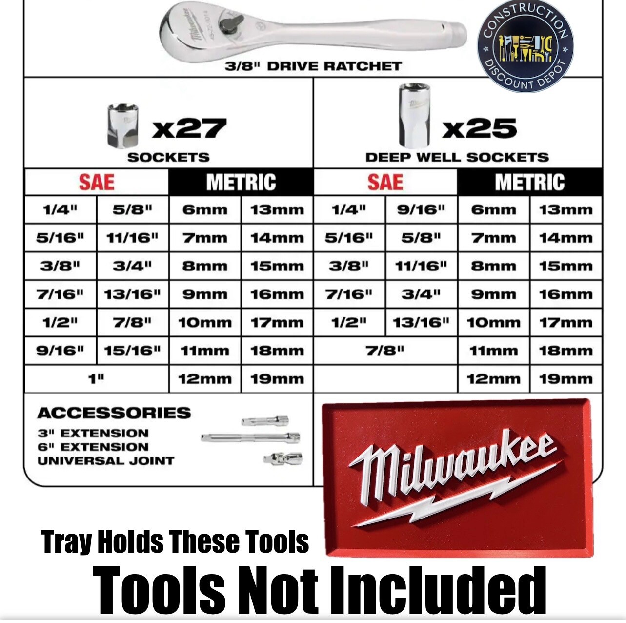 Milwaukee Heavy Duty Tray 3/8" Drive Ratchet & Socket Tool Box Organizer