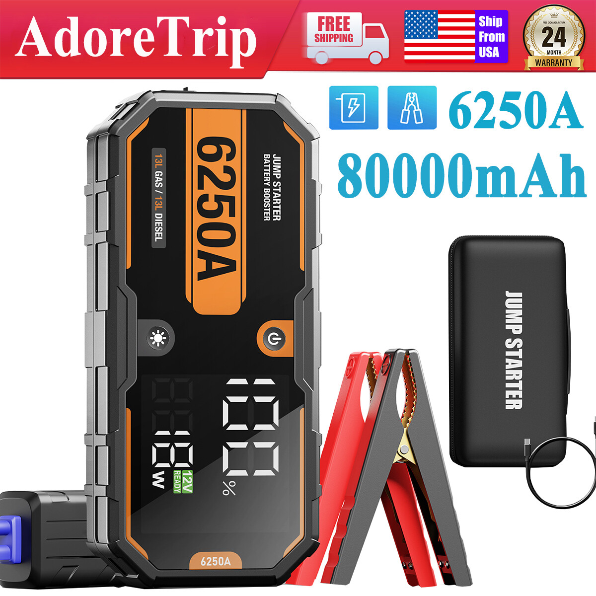 Portable Jump Starter 6250A Battery Booster Pack Charger Power Heavy Duty Truck
