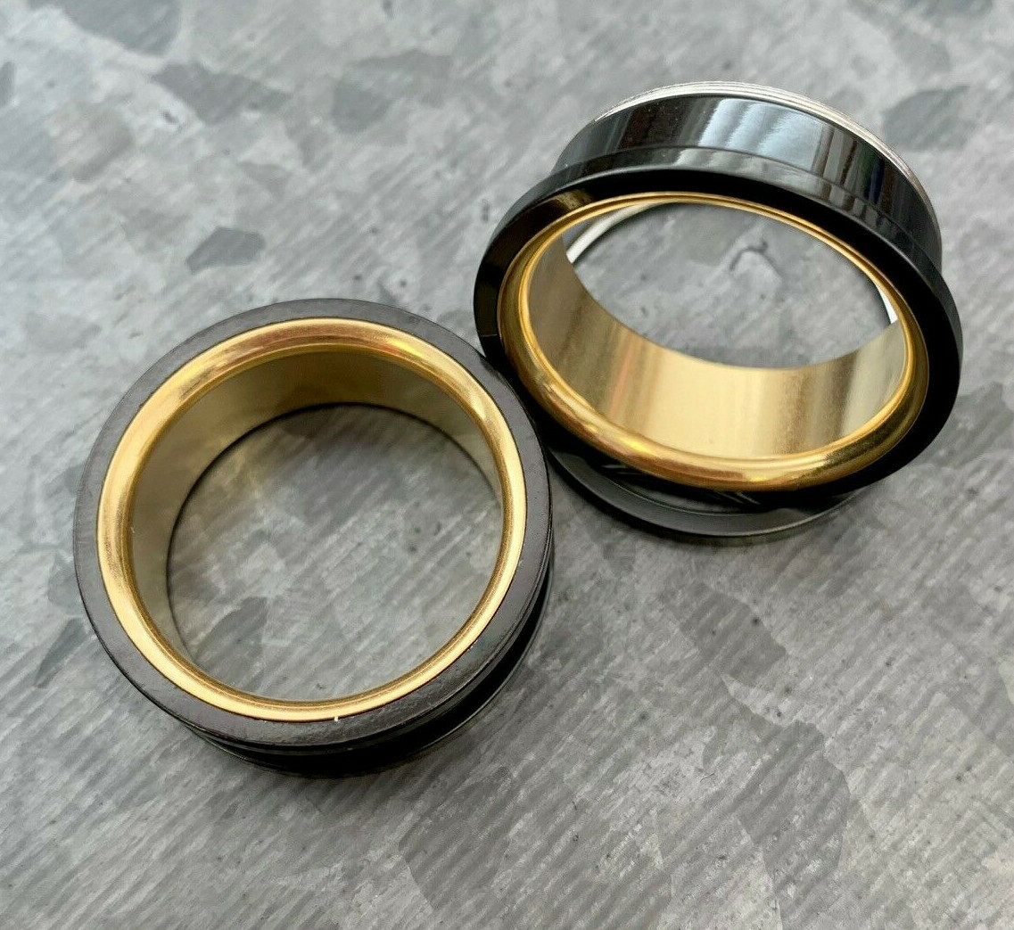 PAIR Black with Gold Interior Screw Fit Tunnels Ear Plugs Earlet Gauges