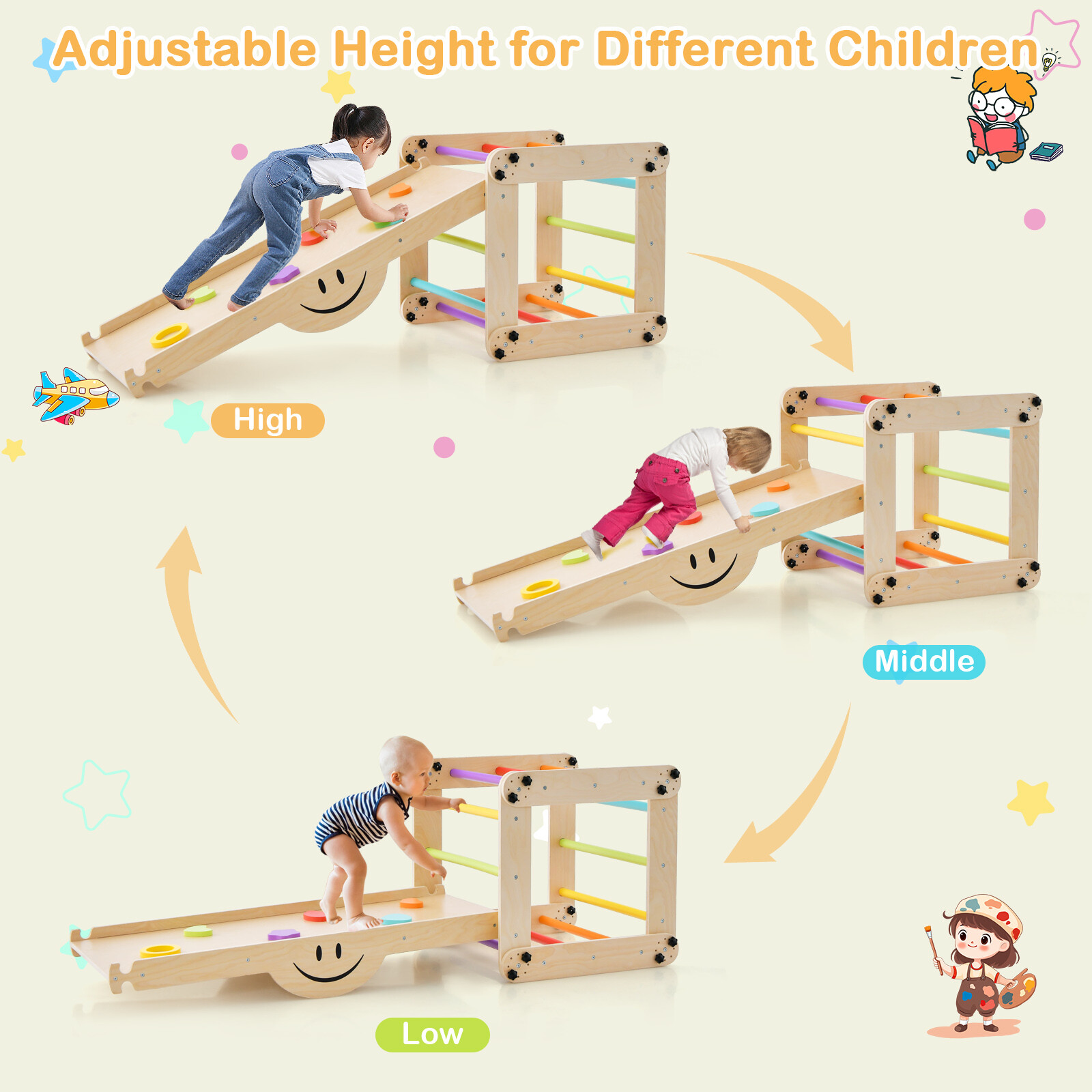 Wooden Climbing Toys for Toddlers Jungle Gym w/Reversible Ramp, Seesaw, Climber