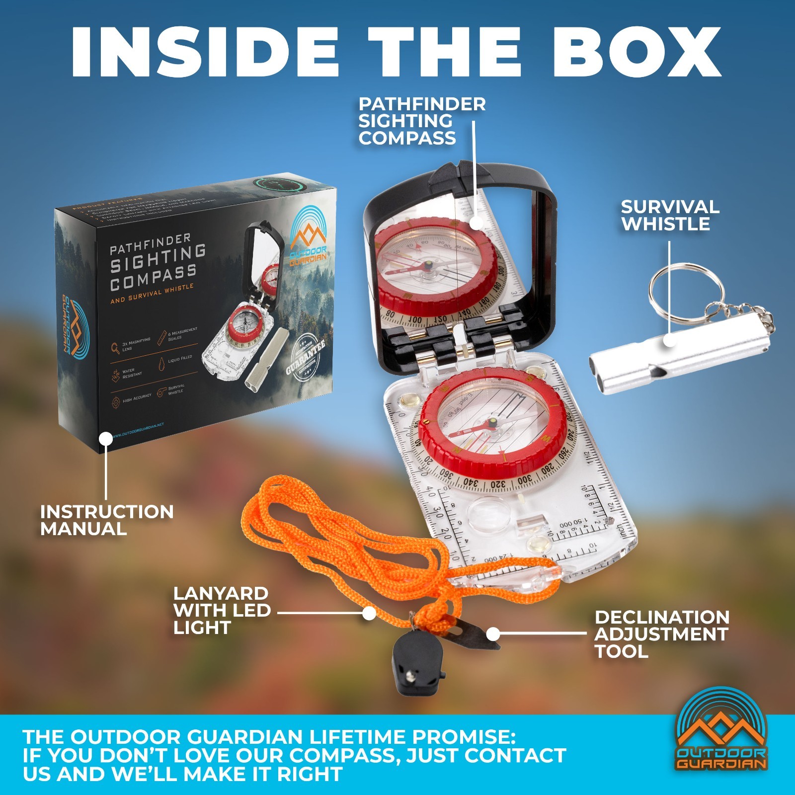 Pathfinder Mirror Sighting Compass w/Global Needle, Declination, Whistle, & LED