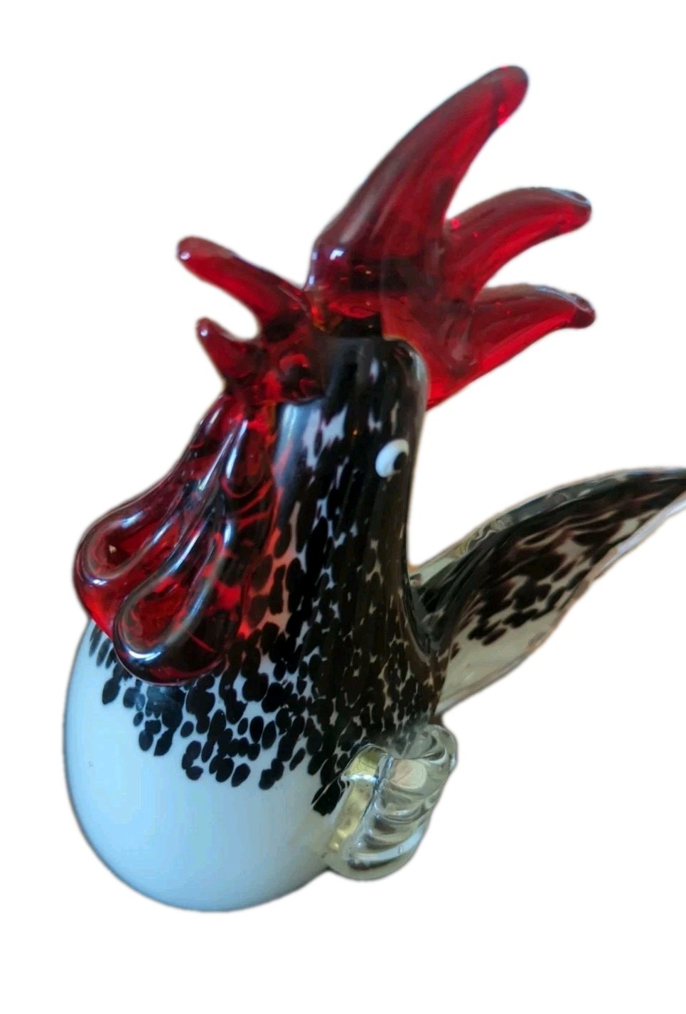 Black White Red Art Glass Heavy Rooster Bird Figurine Farm Decor Paperweight
