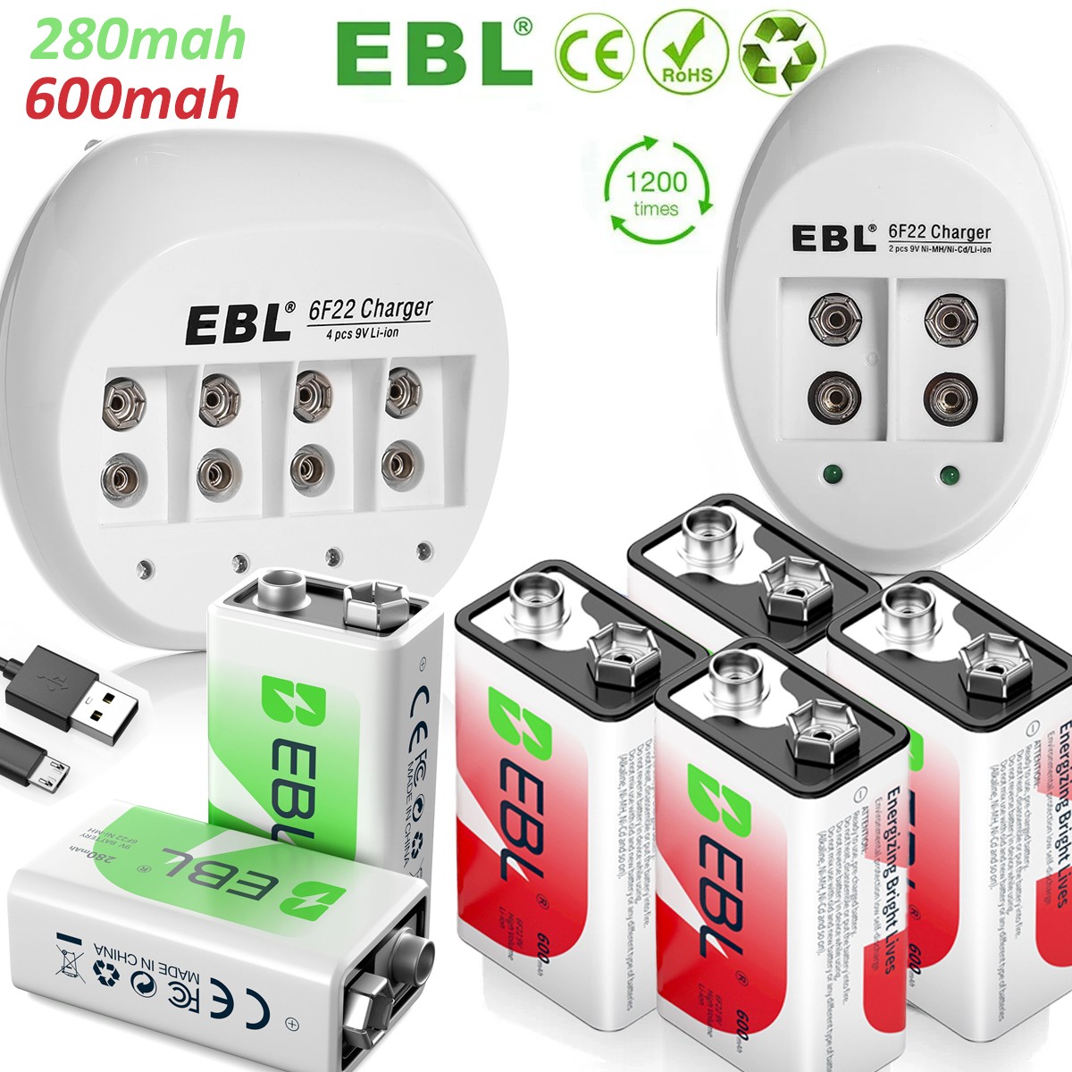 EBL 9V Li-Ion Rechargeable Batteries 9 Volt 6F22 / 2~4 Slot Battery Charger Lot