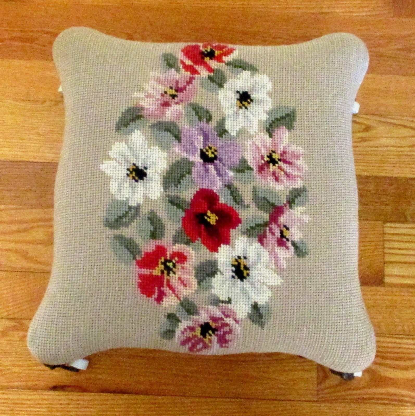 Atq Victorian Cast Iron Footstool Ottoman Ornate Rococo Base Floral Needlepoint