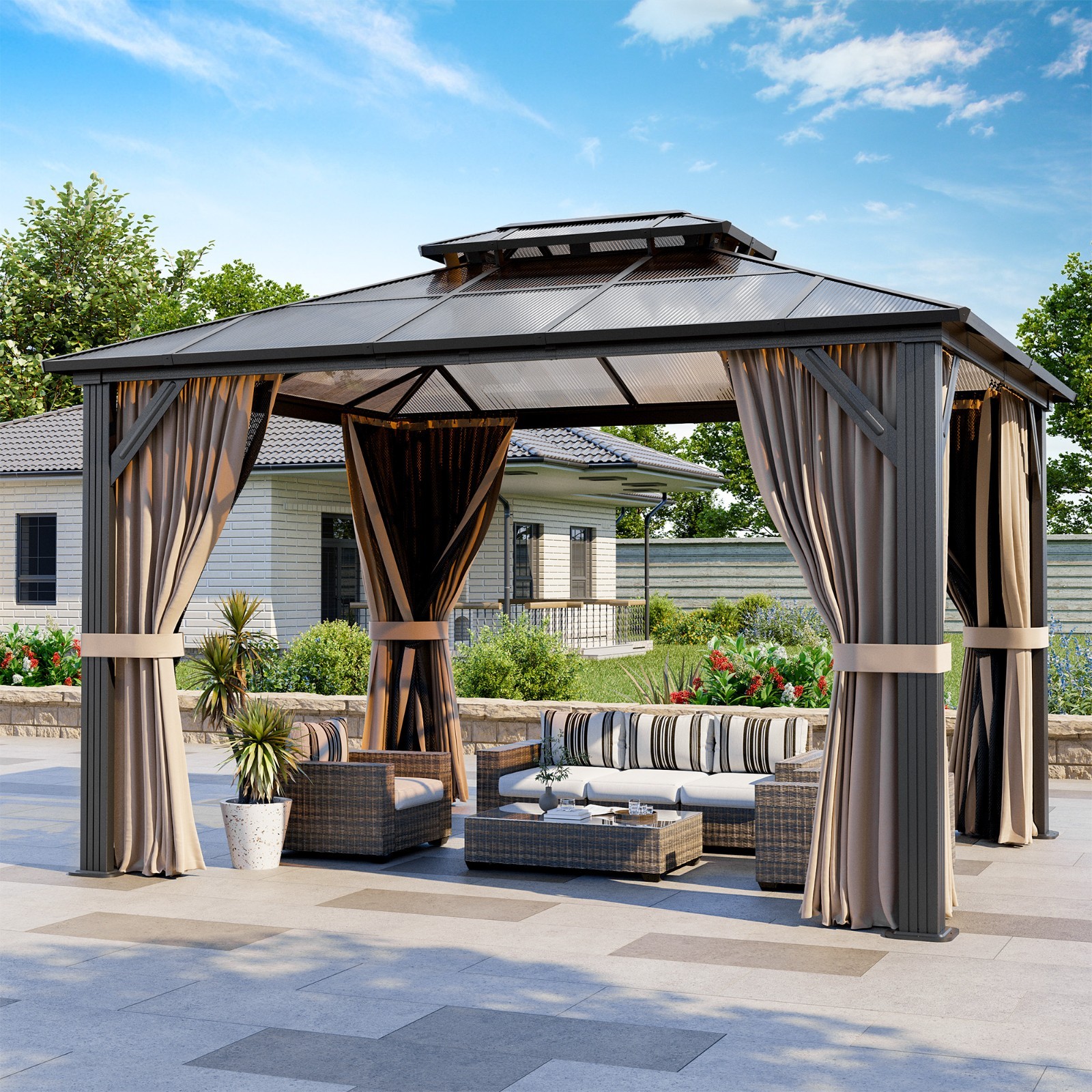 10 ft. x 12 ft. Outdoor Polycarbonate Double Roof Gazebo with Aluminum Frame