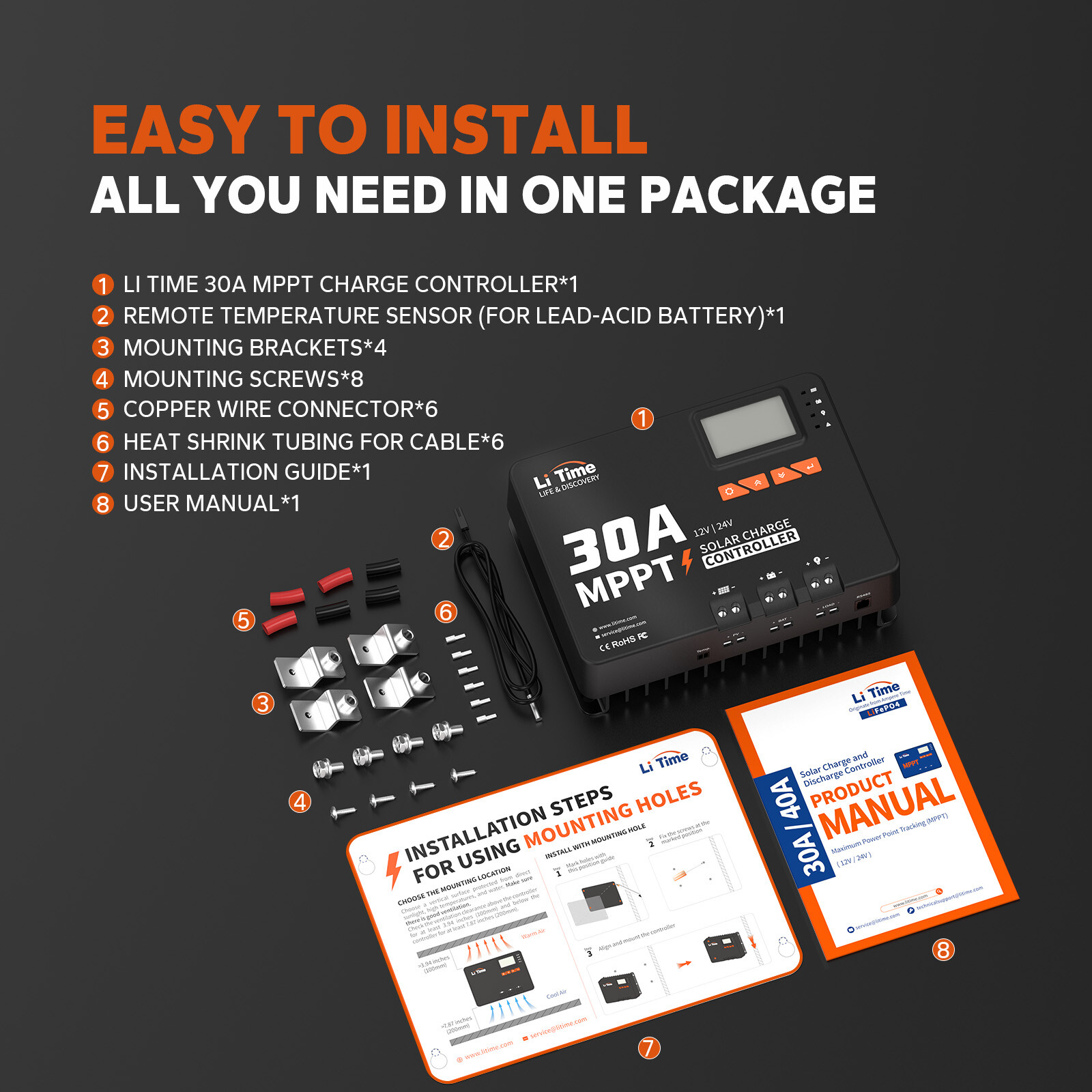 Litime 30 Amp 12V/24V DC Input Bluetooth MPPT Solar Charge Controller