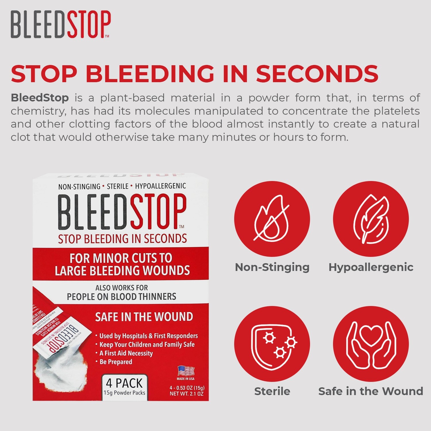 BleedStop™ First Aid Powder for Blood Clotting, Trauma Kit - 5 PK (15g) Pouches