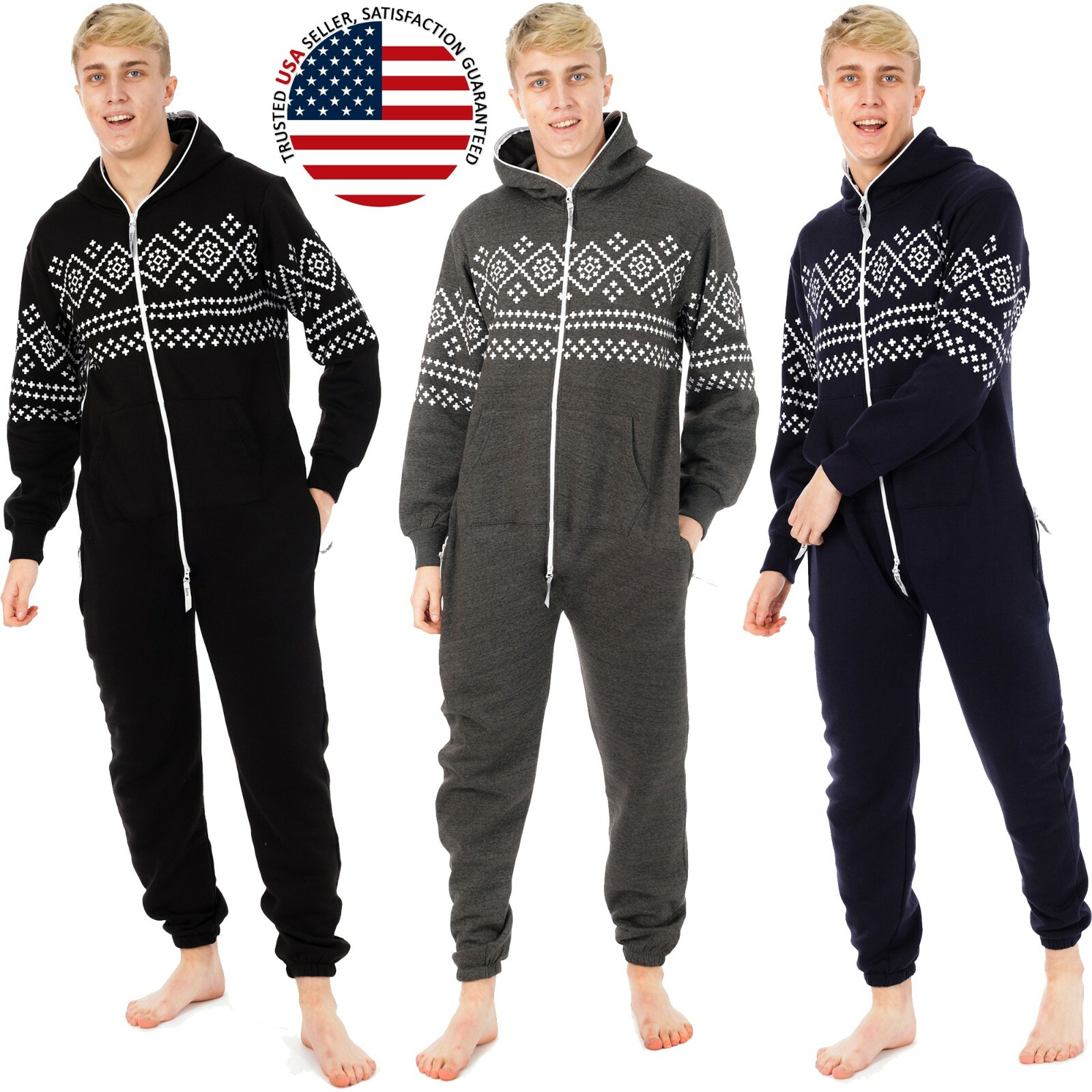 Mens Unisex Hooded Onesie0 Adult Non Footed OnePiece Jumpsuit Pajamas Loungewear