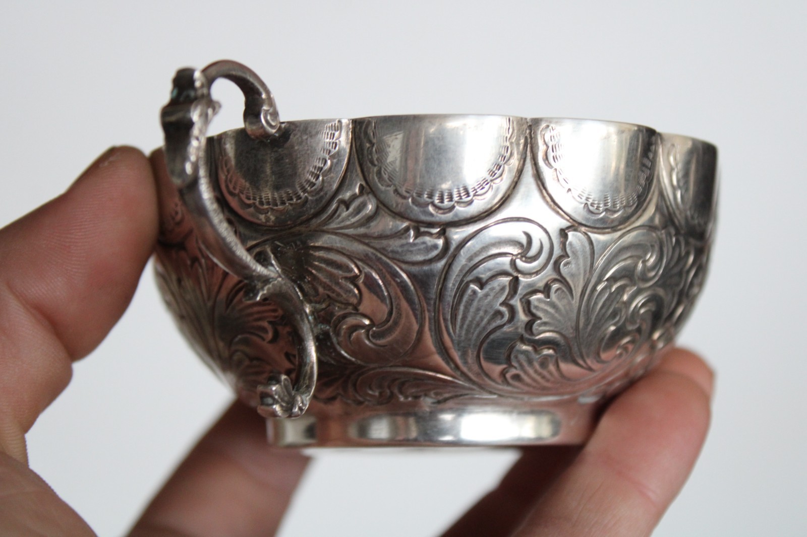 Antique 19th Century Silver Portuguese Bernegal Repousse Handled Religious Cup