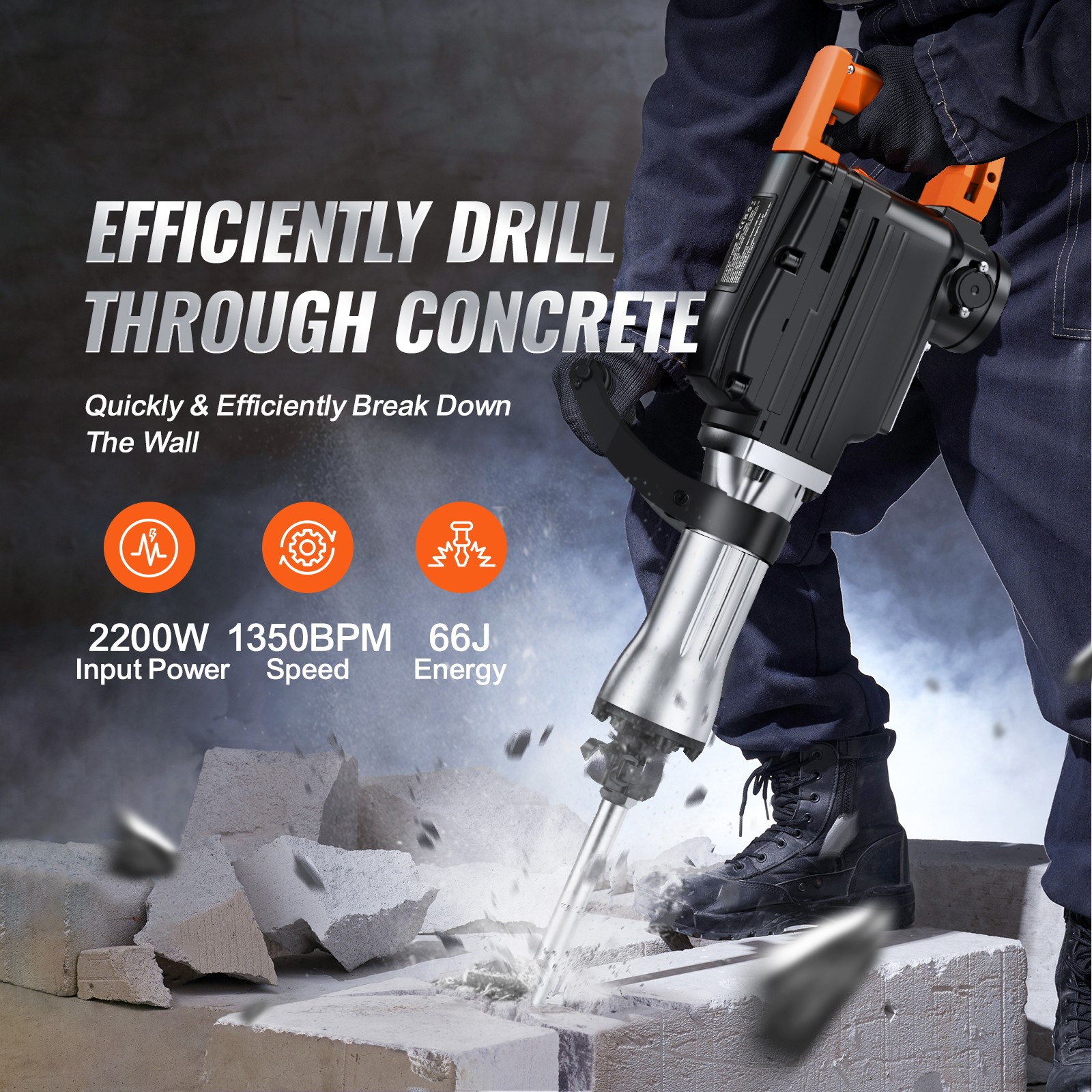 Demolition Jack Hammer Concrete Breaker 2200W Electric Hammer 4 Chisel Bits