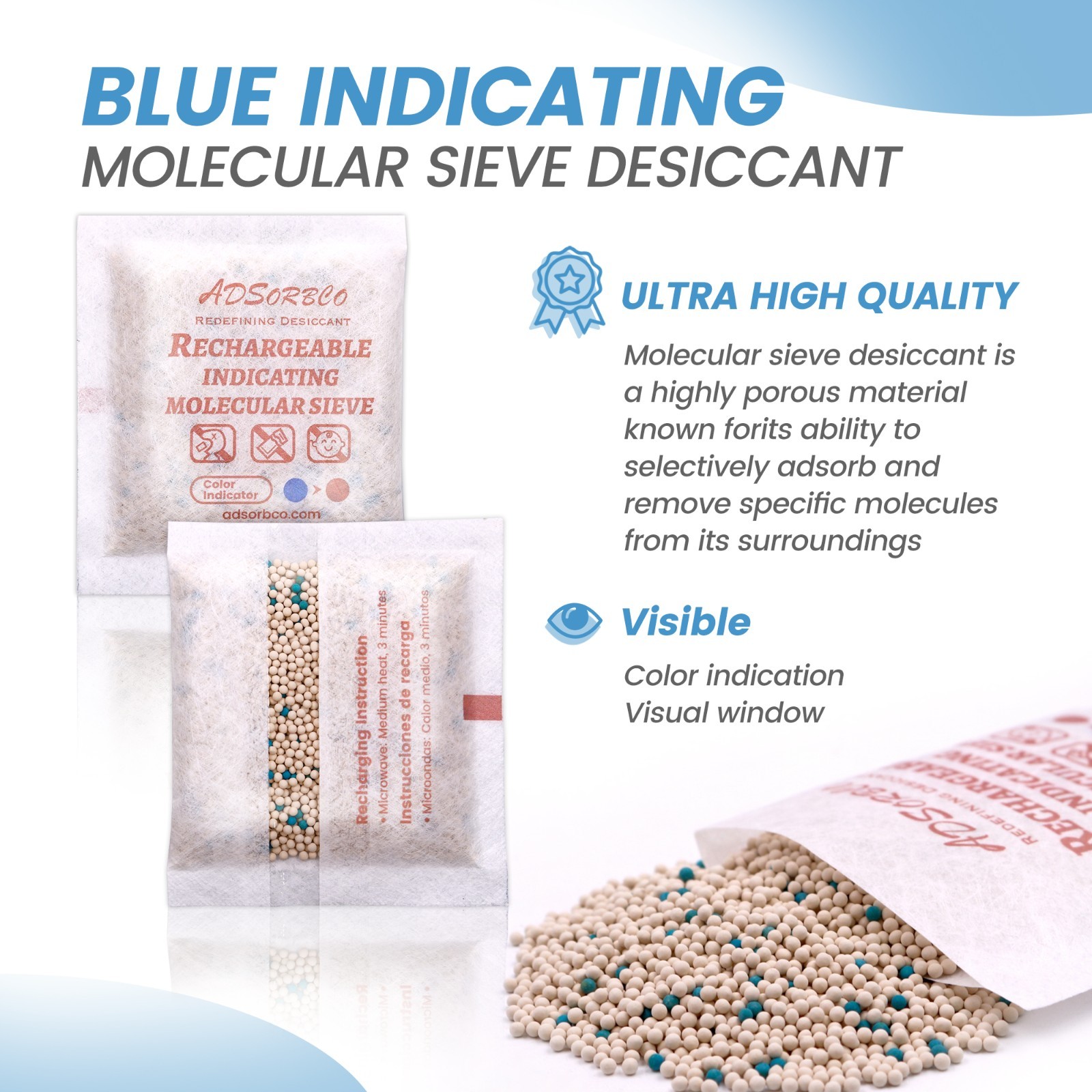 [5 Gram 50 Packages] Adsorbco Rechargeable Molecular Sieve Desiccant Packs