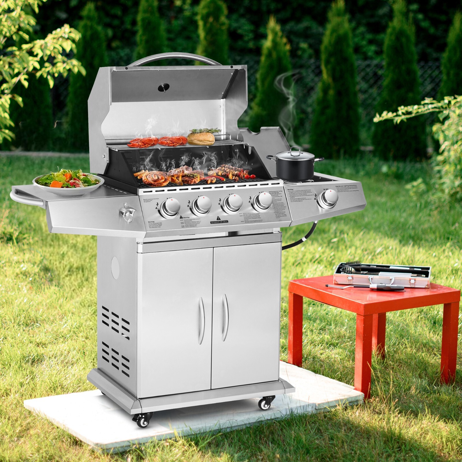 Propane Gas Grill 4 Burners Stainless Steel Grill Cart Outdoor Cooking BBQ 4+1