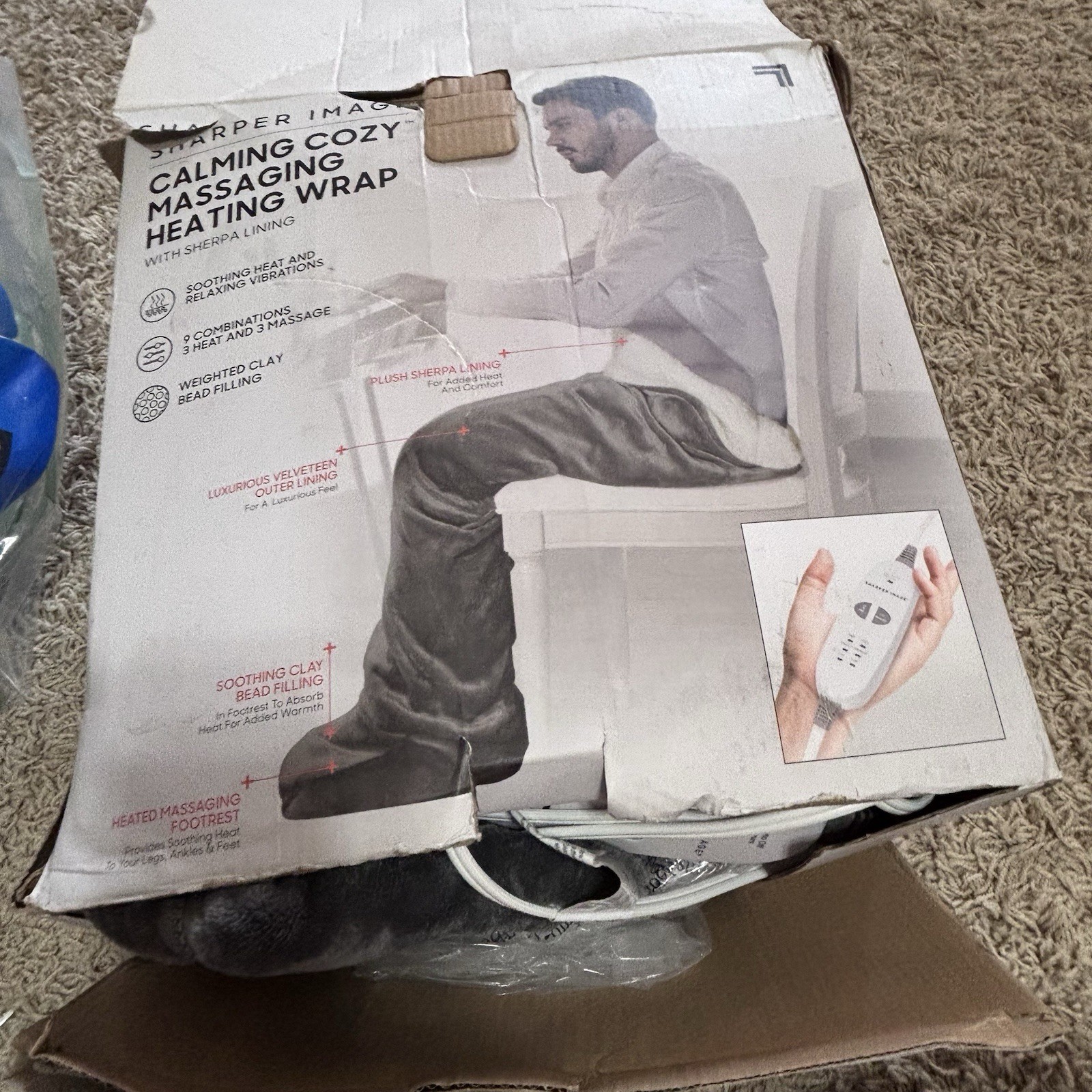 Sharper Image Calming Cozy Massaging Heating Wrap Grey with Sherpa Lining