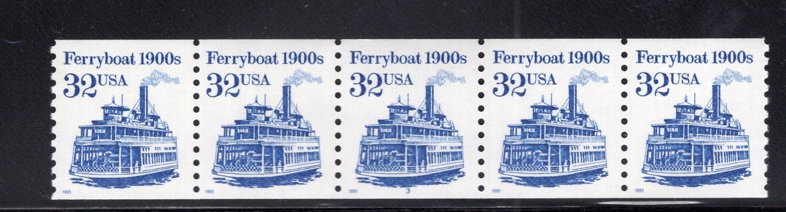 1995 32 cent Ferryboat Plate number coil Strip of 5, #3 Scott #2466, Mint NH
