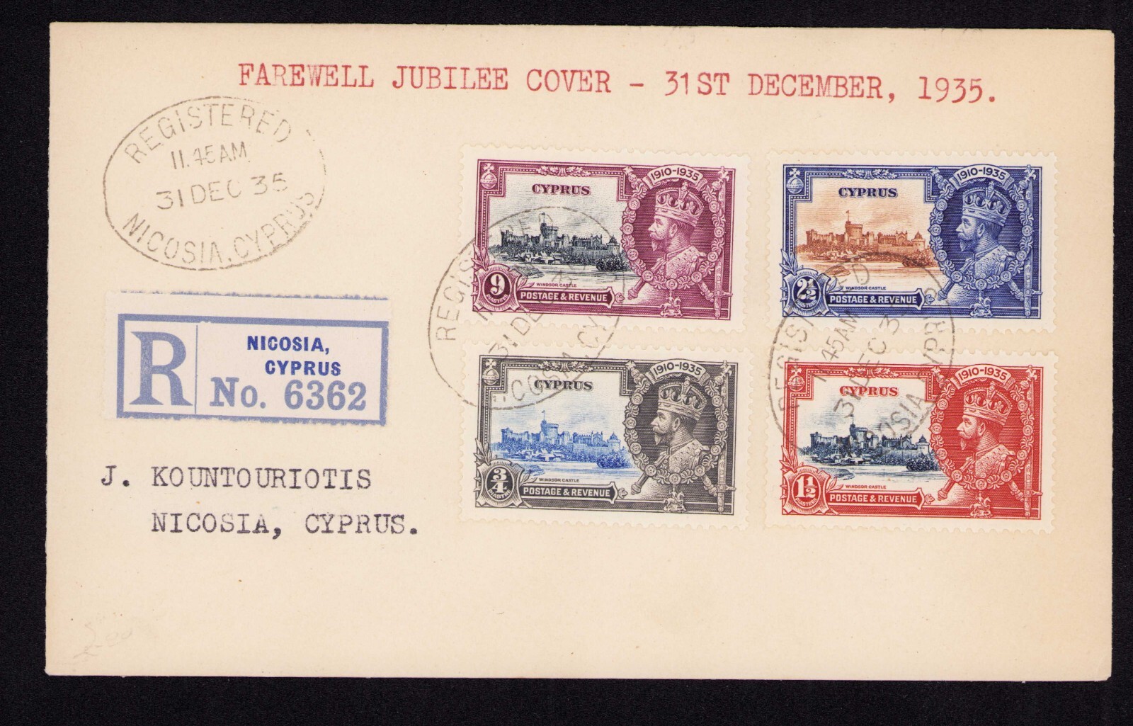 12/31/1935 Cyprus Farewell Silver Jubilee Cover KGV SC 136-139 Registered