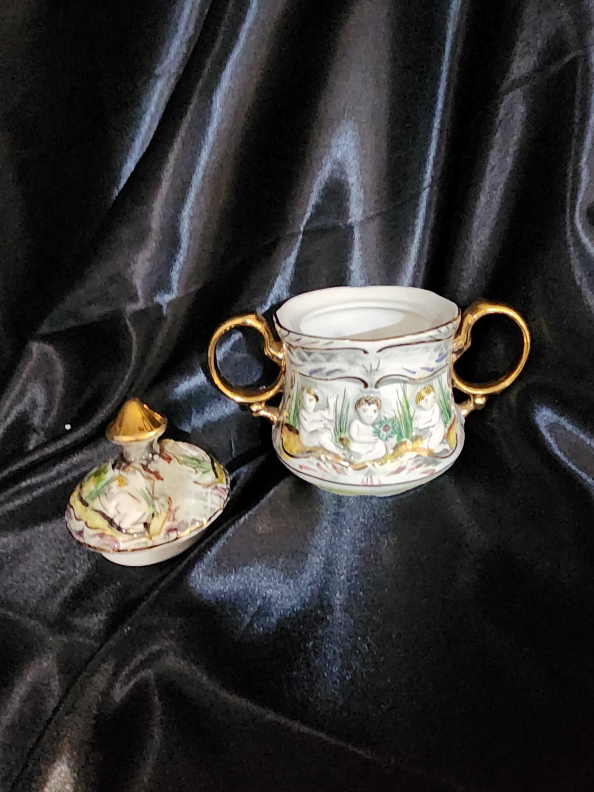 Vintage Pereiras Valado Porcelain Coffee Tea Set hand painted Portugal Cherubs