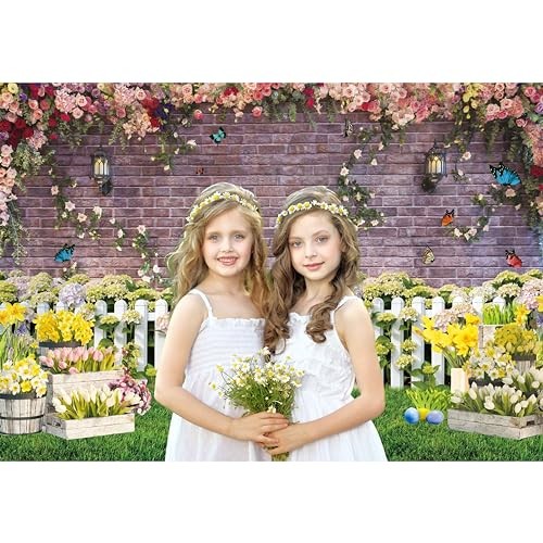 7x5ft Spring Backdrop for Photography Flower Fence Pink Brick Wall 7’x5‘