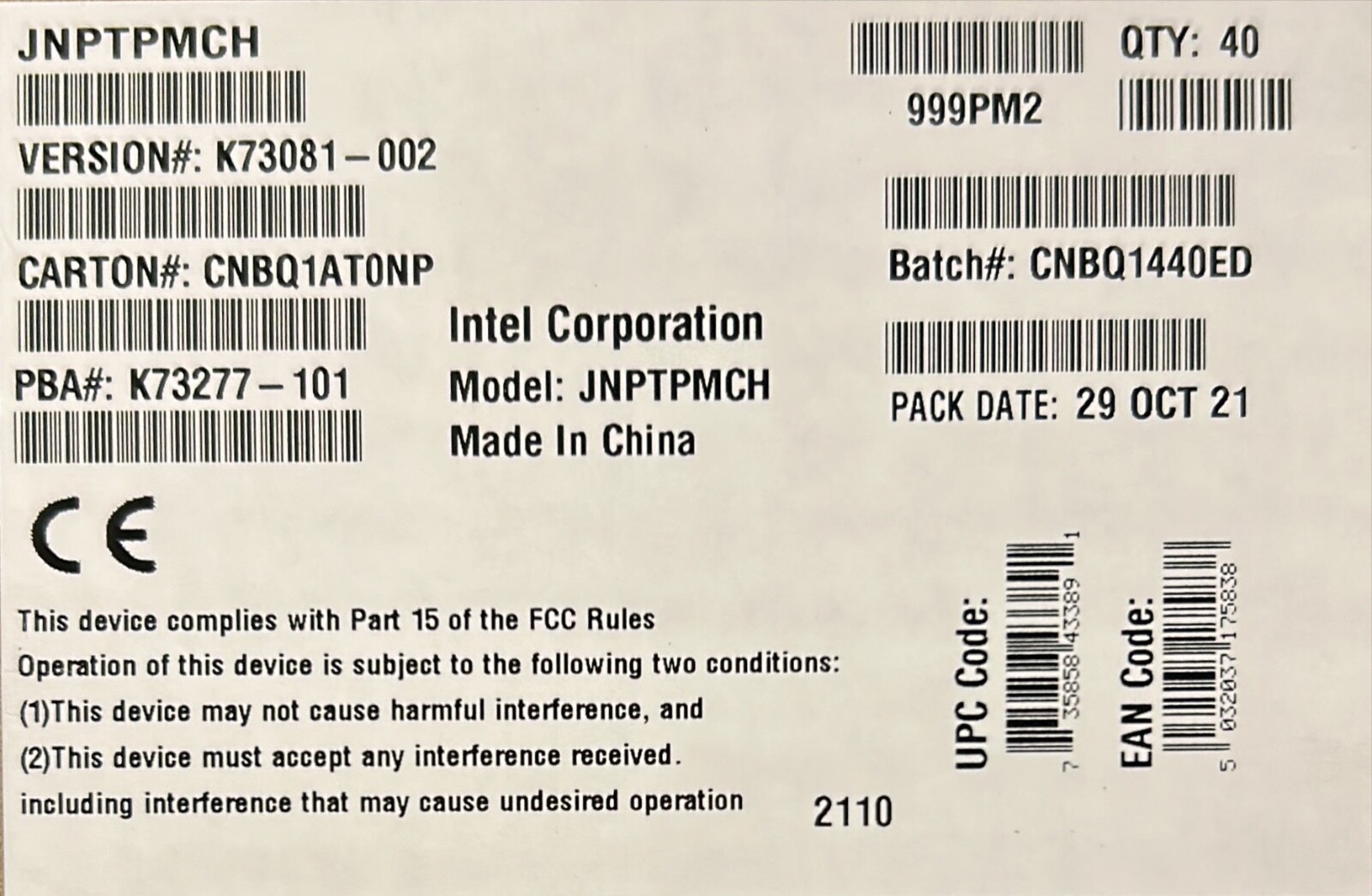 Intel JNPTPMCH Trusted Platform Module 2.0 NEW BROWN BOX