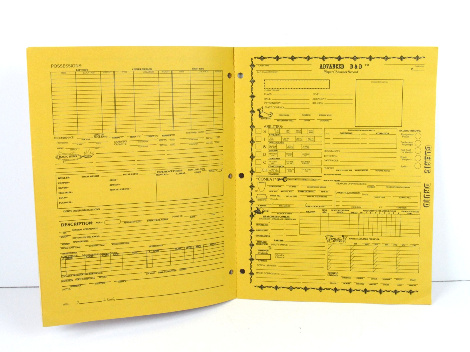 Dungeons Dragons TSR9028 Player Character Record Sheets 2nd Print 1981 Original