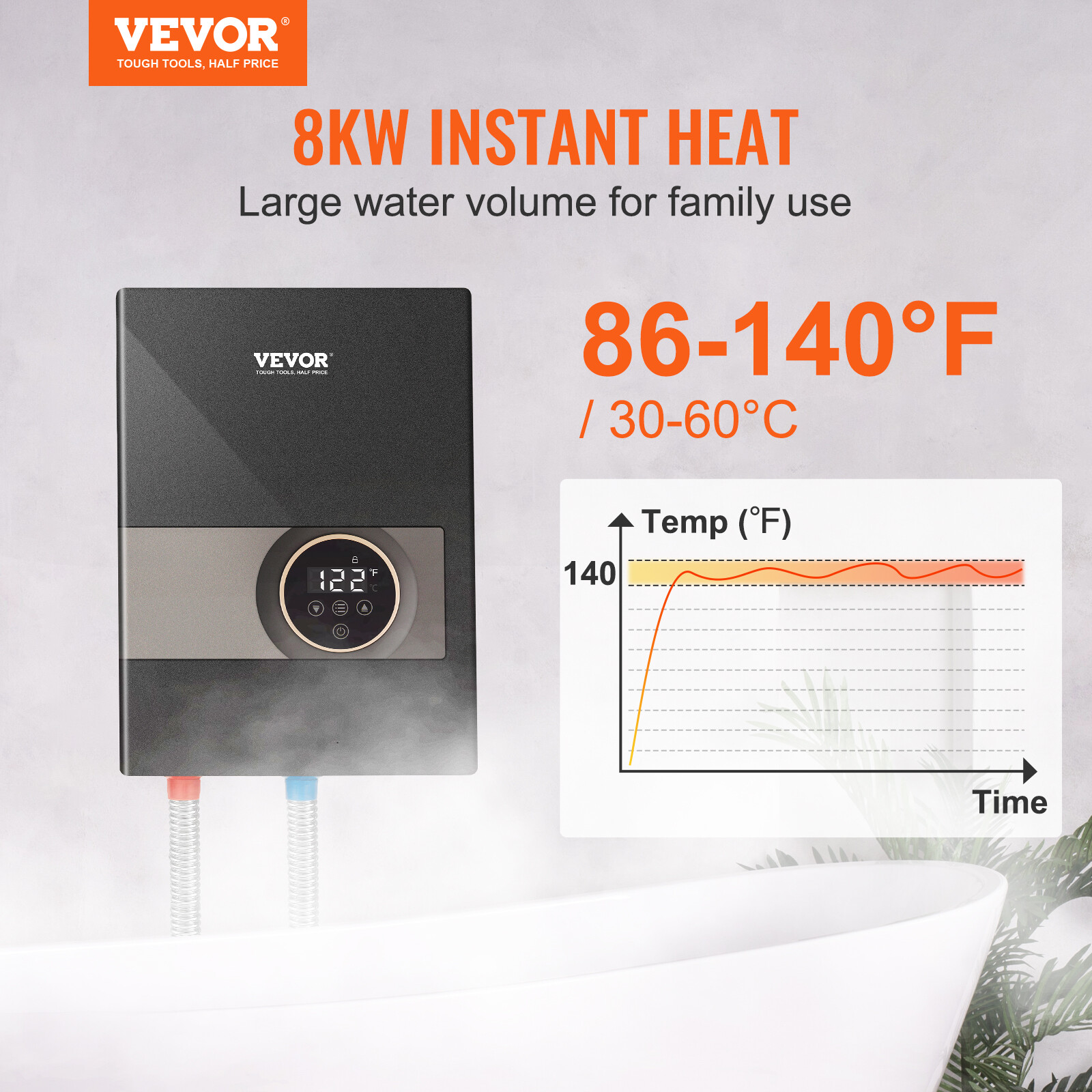 VEVOR 8KW Instant Hot Water Heater Electric Tankless On Demand Shower Boiler