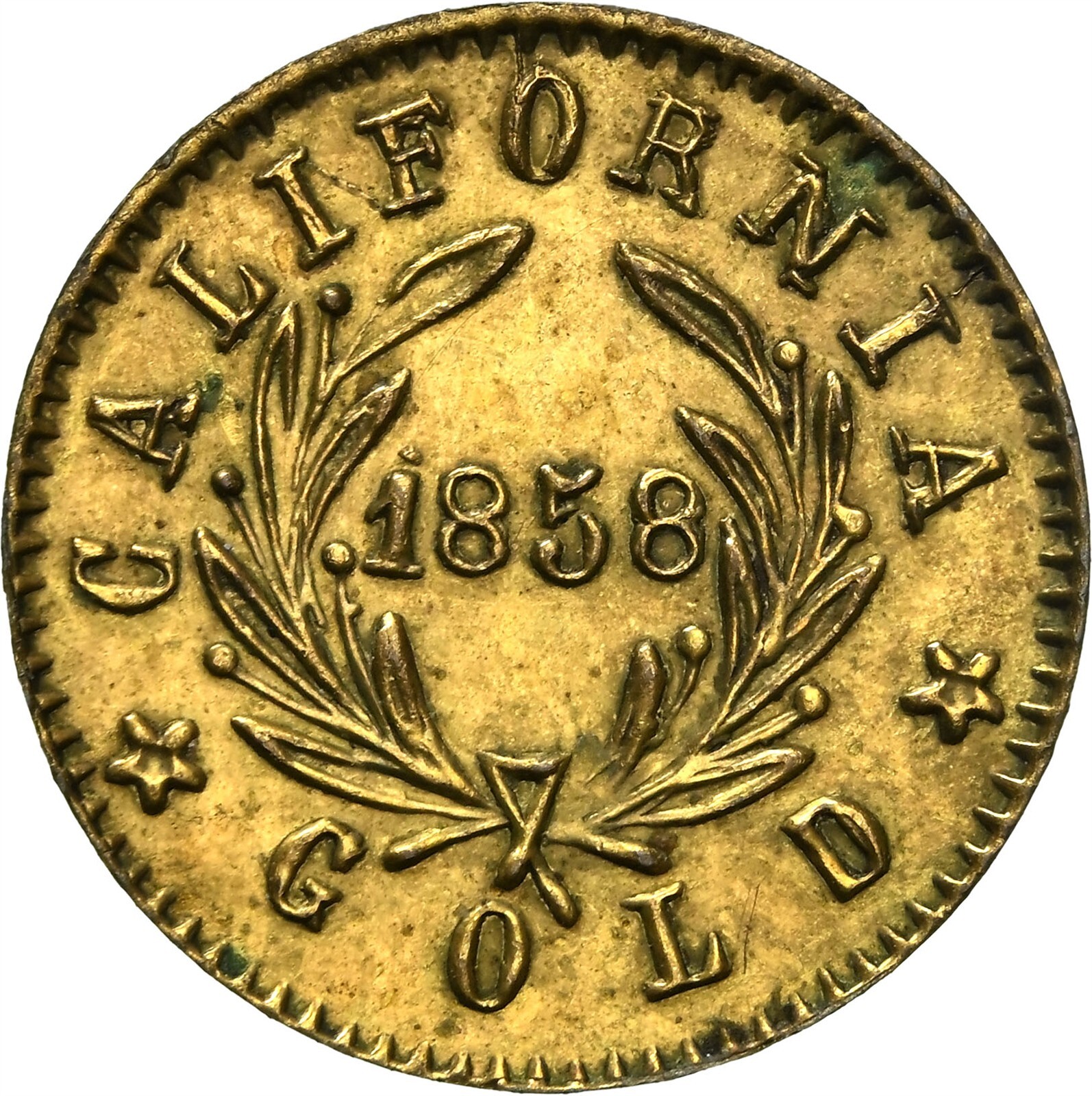 1858 CALIFORNIA FRACTIONAL GOLD LIBERTY, ROUND, 9.8mm / NGC UNC