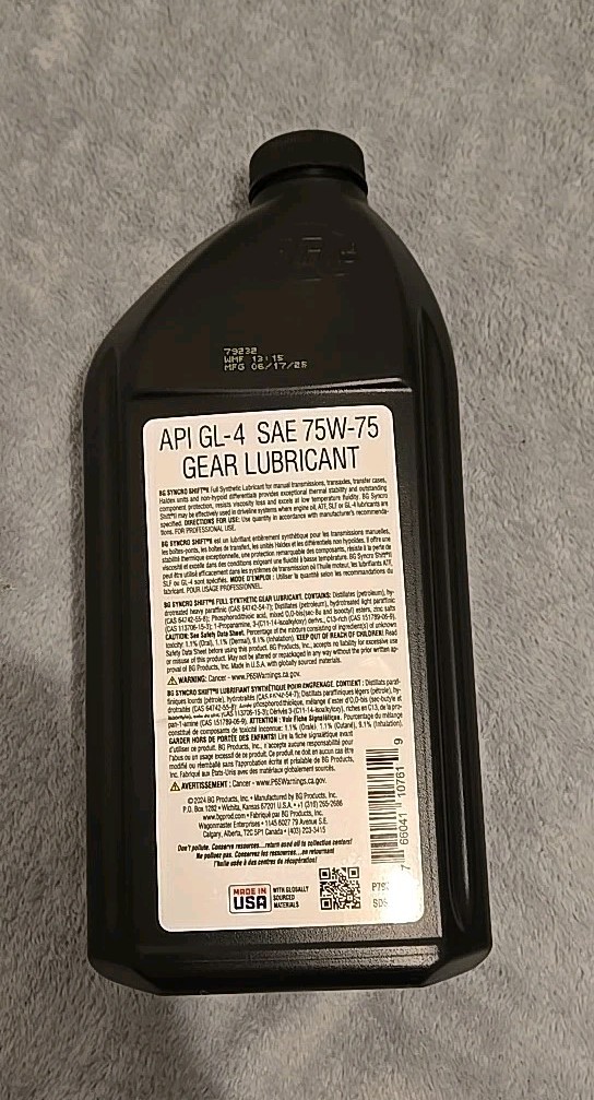 75w-75 BG Full Synthetic Gear Oil Syncro Shift II 32oz 1 Quart API GL-4