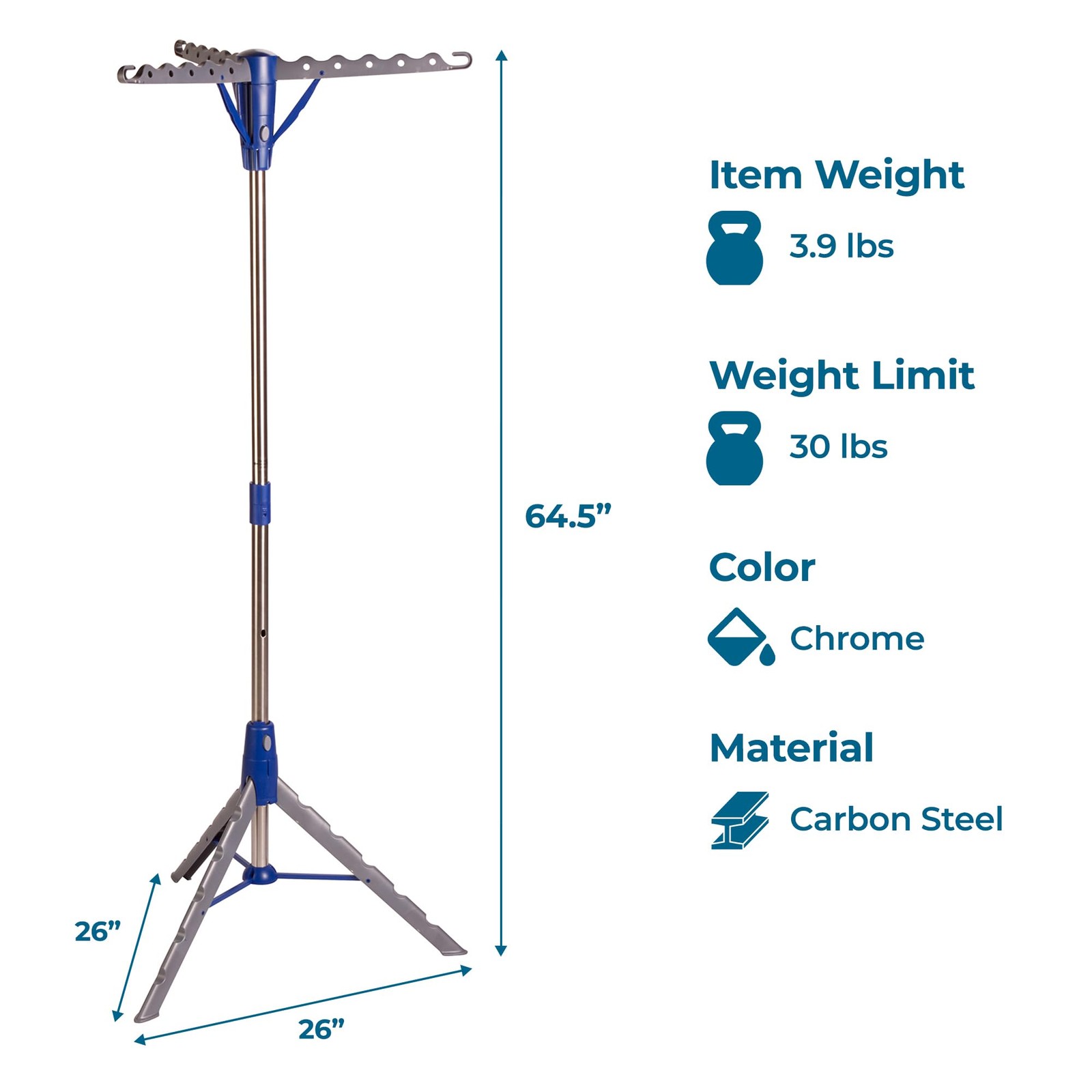 Steel Tripod 64 Inch Folding Clothes Drying Rack 3 Arm Space Saving