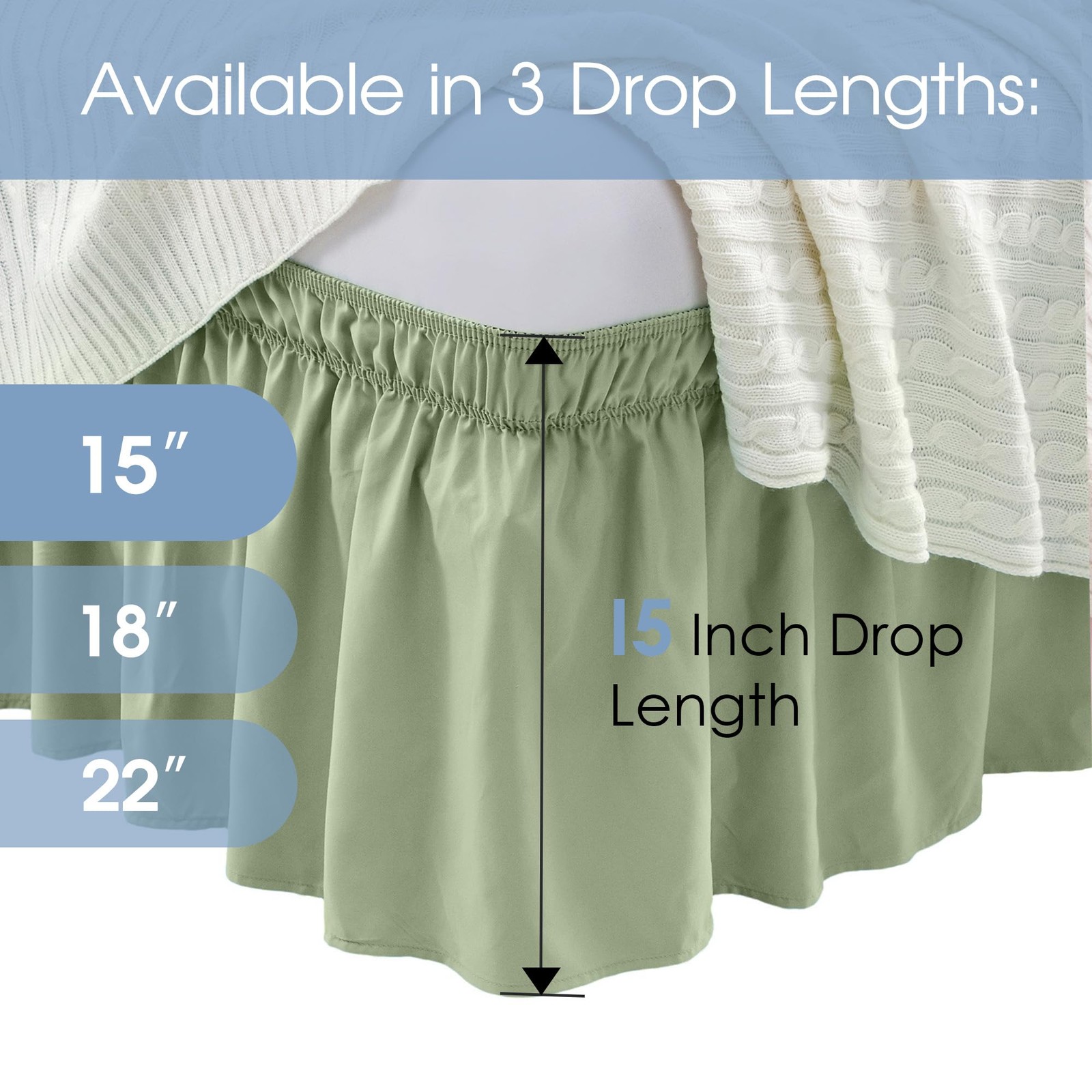 Queen Bed Skirt Elastic Fit 15-Inch Drop Sage Green Hotel Quality