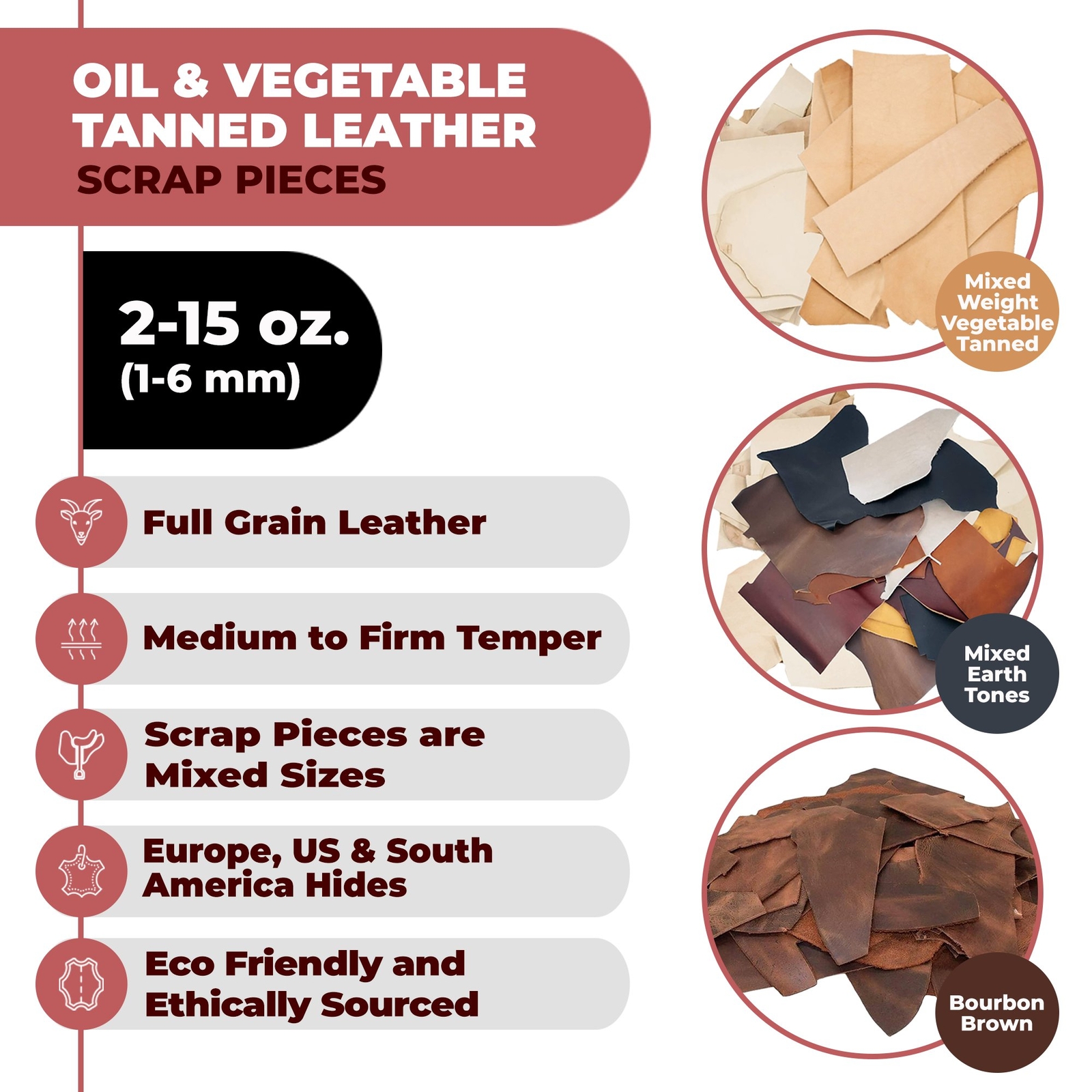 ELW Vegetable & OilTanned Leather Scraps 2-15 oz (1.4-6mm) 1-30 lb Sizes