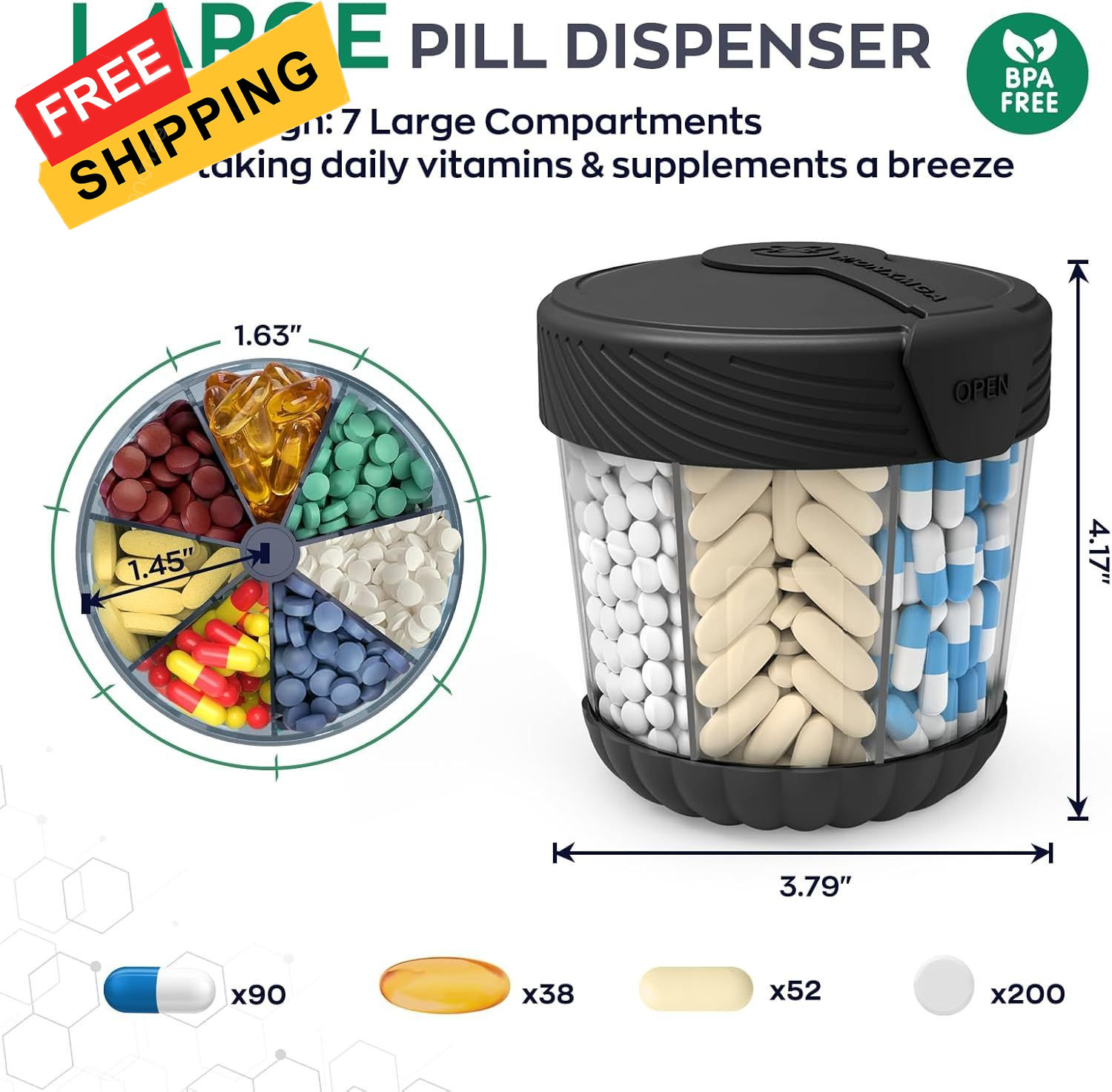 Large Pill Dispenser with 7 Compartments, Portable Bottle Black