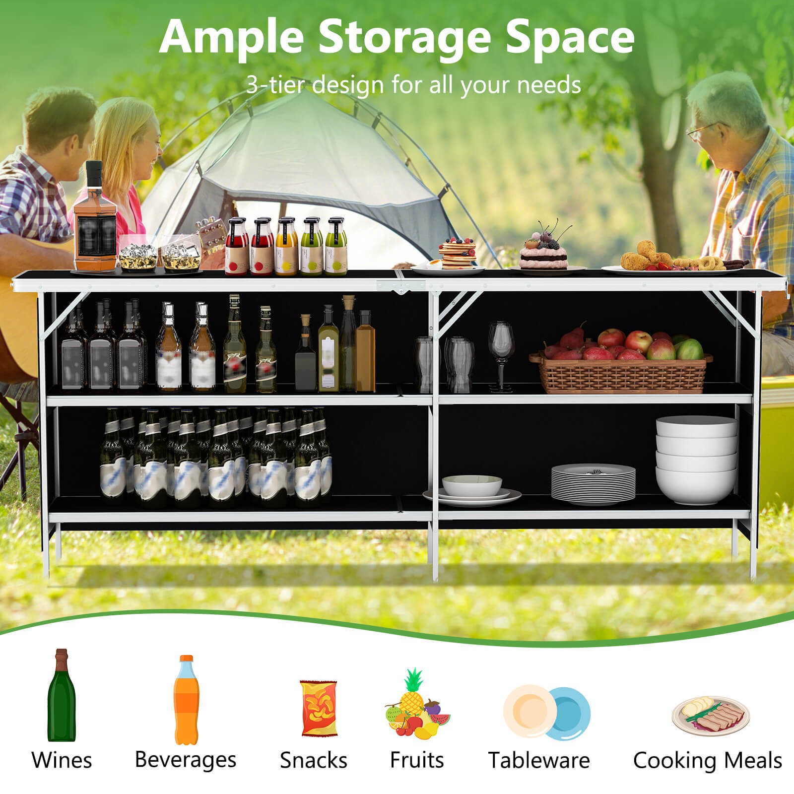 Portable Bar Table Folding Camping Table w/ Aluminum Alloy Frame 2-Tier Shelves