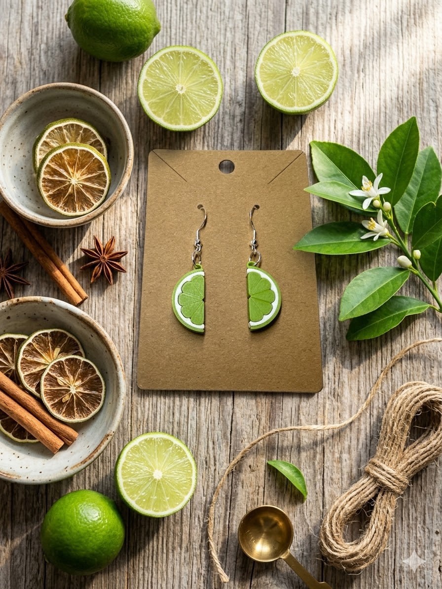 Small Lime Slice Dangle Earrings Zesty Fruit Jewelry Gift Fleshy Squeezed🍋‍🟩