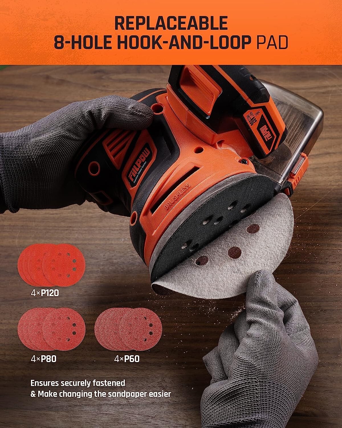 FIILPOW Cordless Random Orbital Sander, 20V Brushless Sander with Battery,