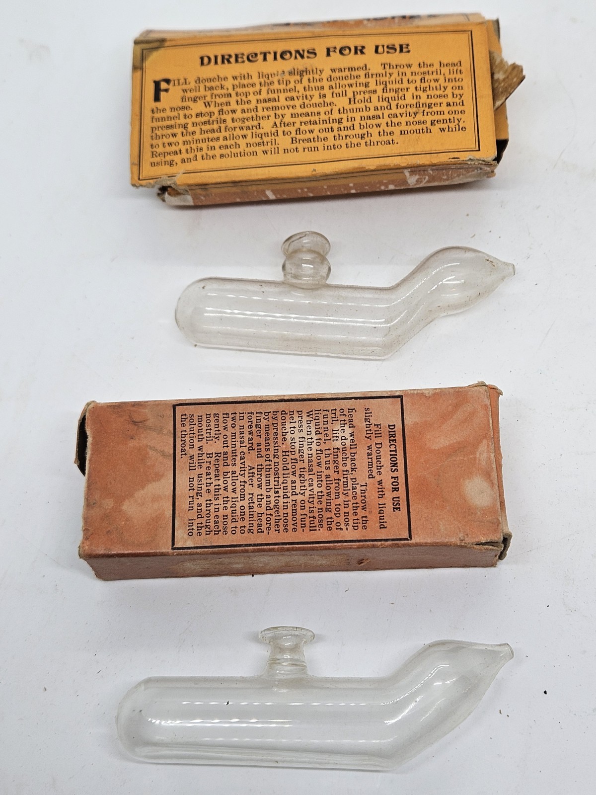 Pair of Antique Victorian Glass Nasal Douche Medical Devices with Original Boxes