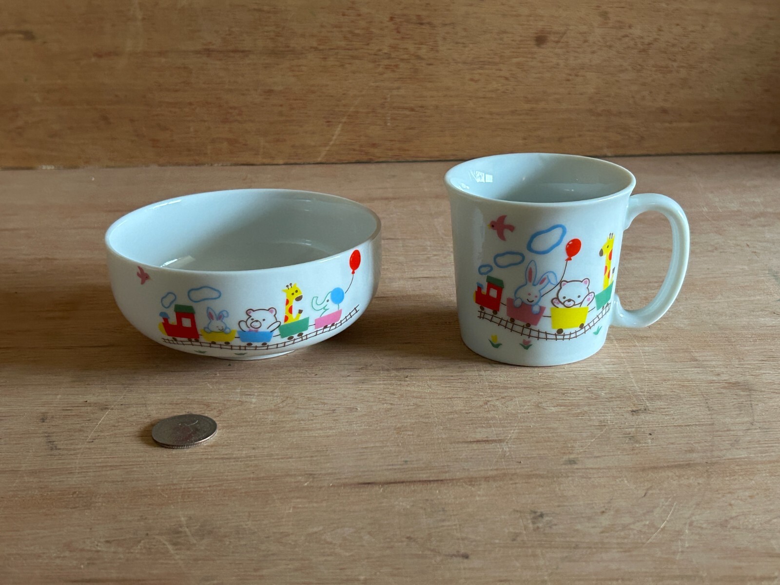 Lillian Vernon Cereal Bowl Mug Cup 2 Piece Set Youth Animals Train Japan Vintage
