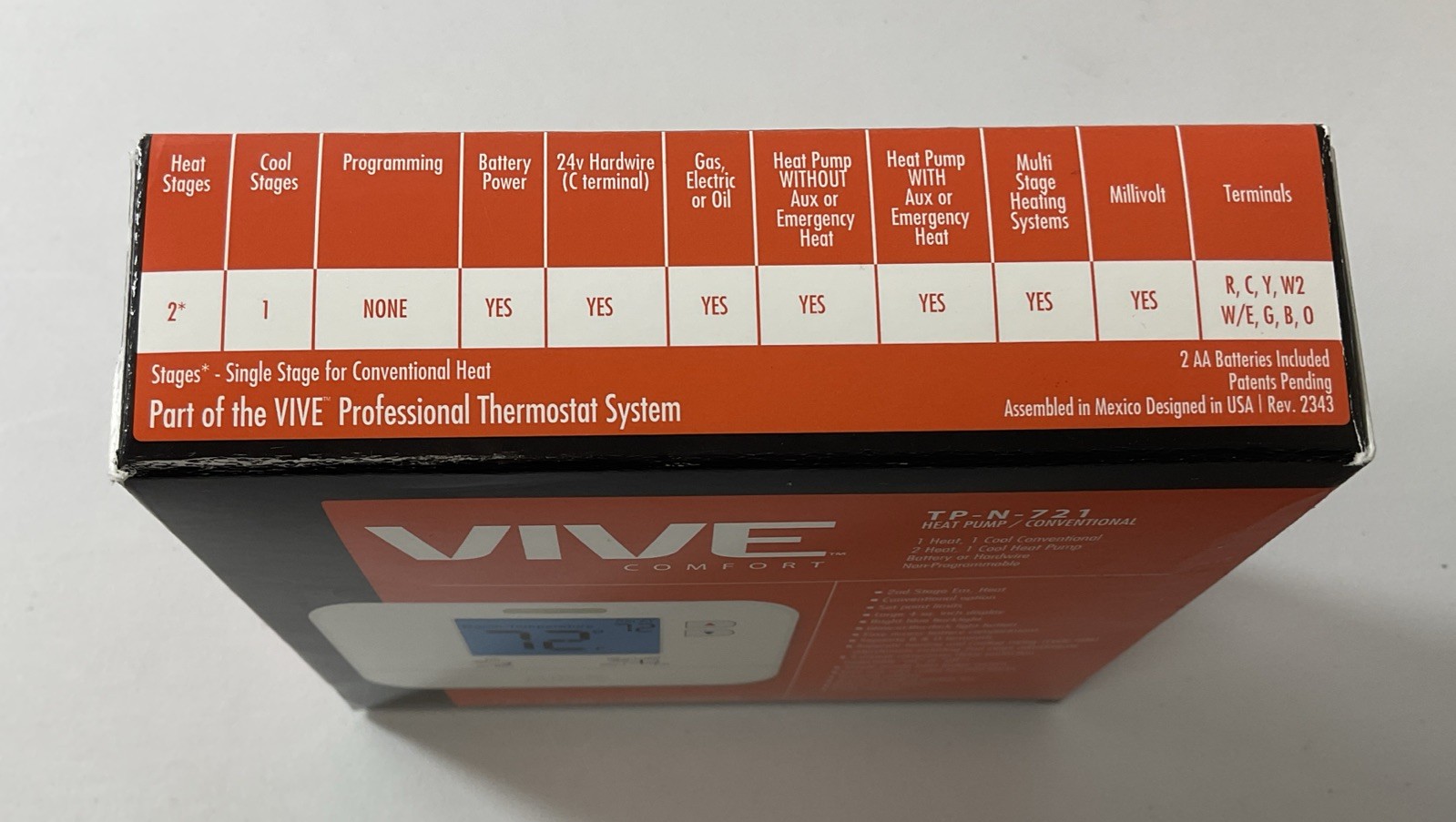 VIVE Comfort Thermostat TP-N-721 Heat Pump/Conventional-2 Heat 1 Cool Stages HP