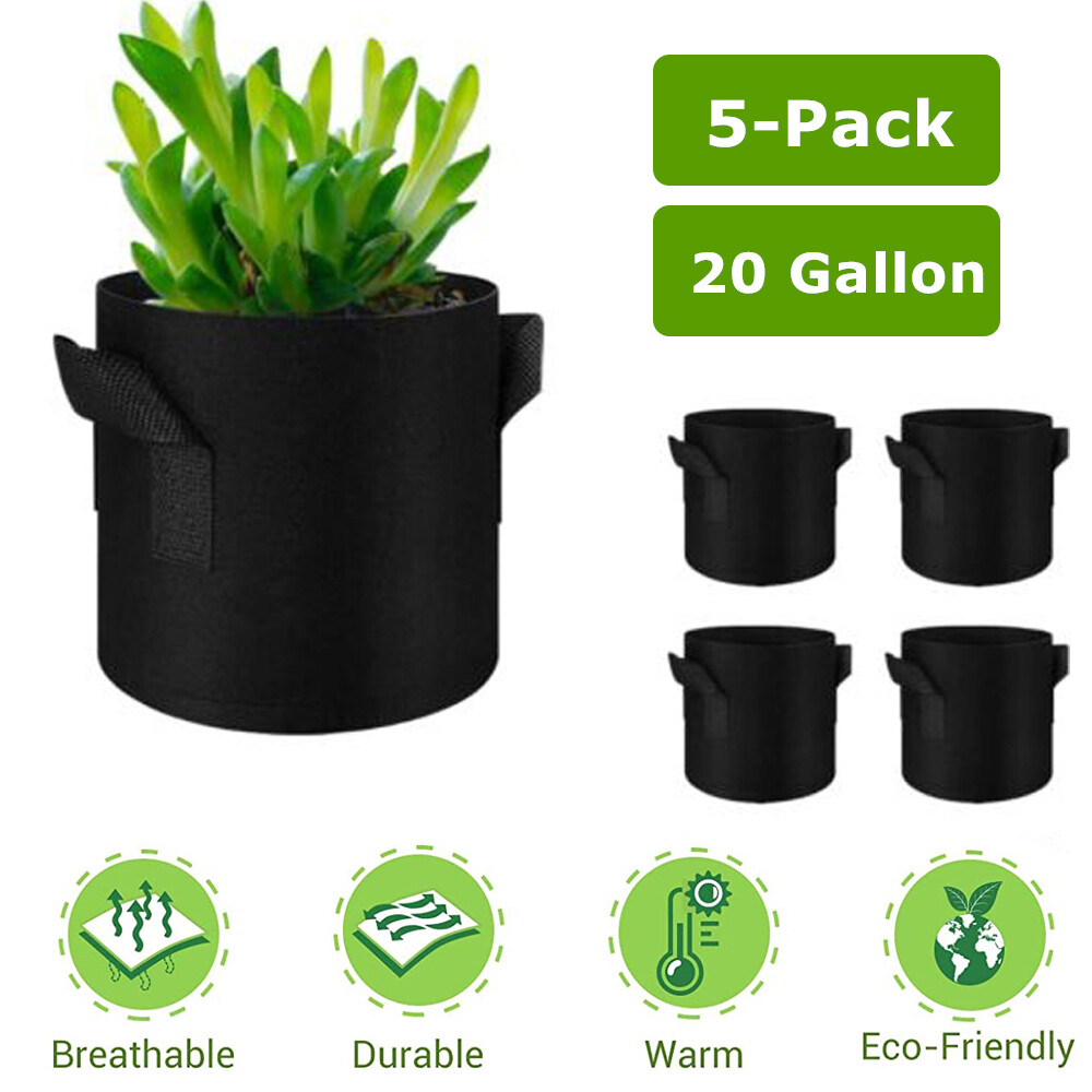 Plant Grow Bags 20 Gallon 5 Pack Fabric Pots 300G Thick Nonwoven Fabric Black