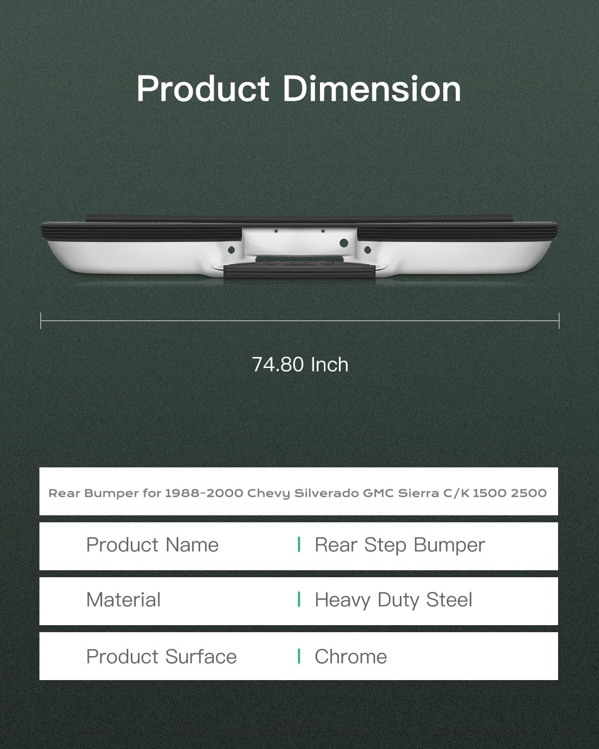 Rear Bumper For 1988-2000 Chevy Silverado GMC Sierra C/K 1500 2500 Chrome Steel