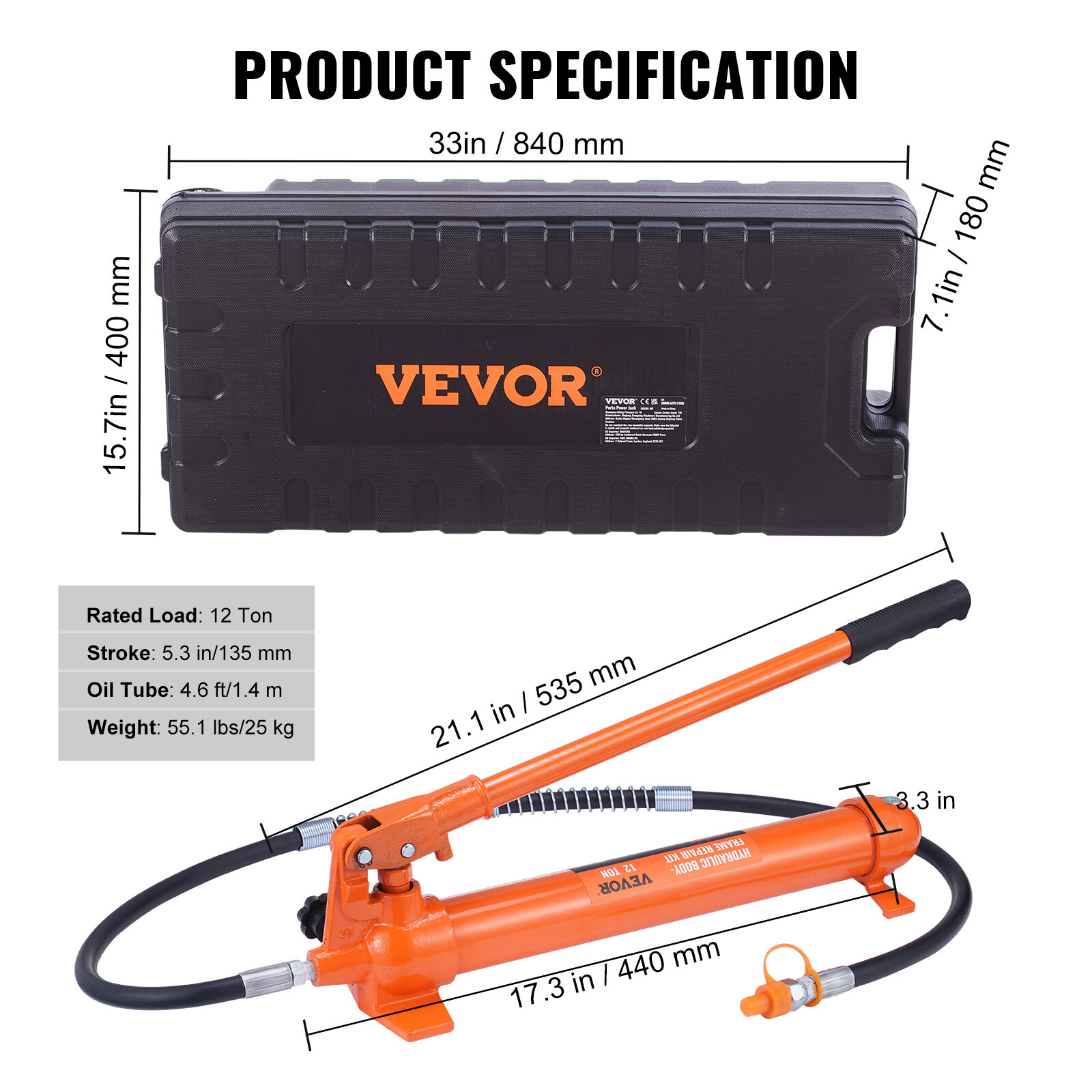 VEVOR 12 Ton Porta Power Hydraulic Jack Air Pump Lift Ram Body Frame Repair Kits