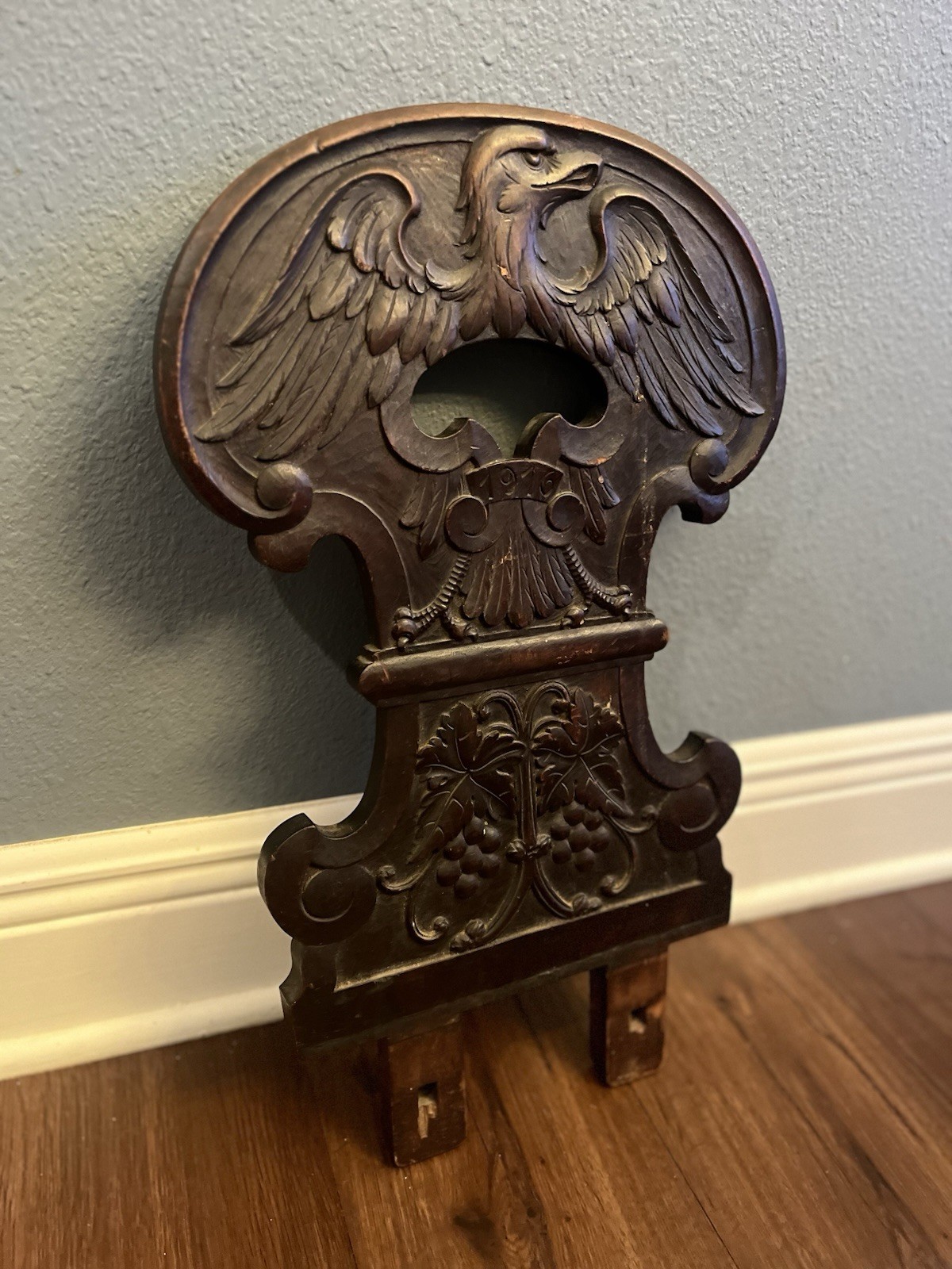 Antique 1916 Carved Wooden Eagle & Grapevine Panel – Furniture Crest Decorative