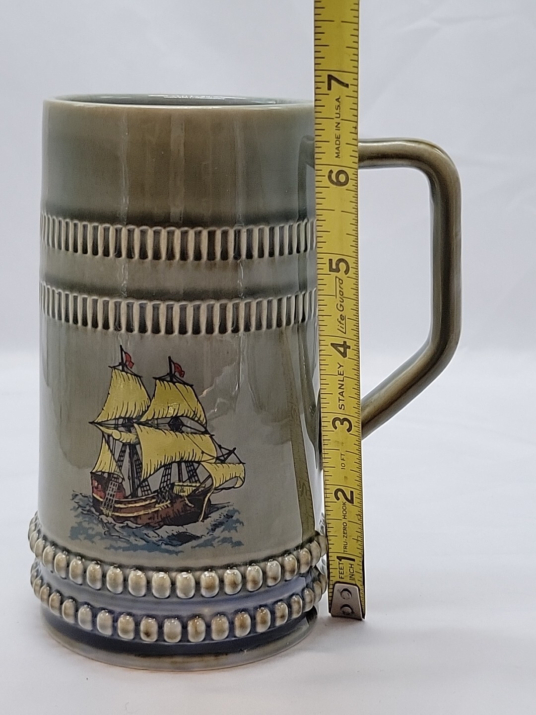Vintage Wade Ireland Green Beer Stein Mug Sail Boat Yellow Sails