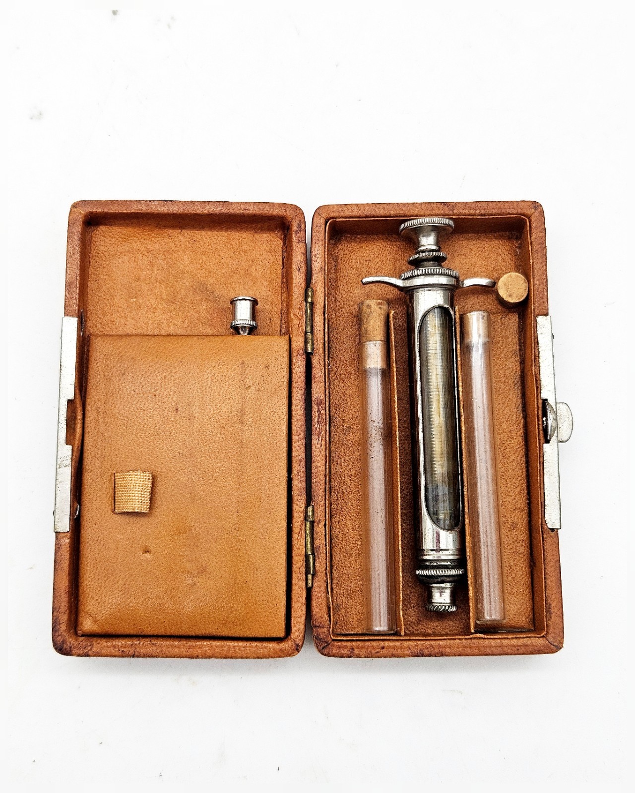 Antique Medical Surgical Glass Metal Syringe Hypodermic Leather Case Set Needle