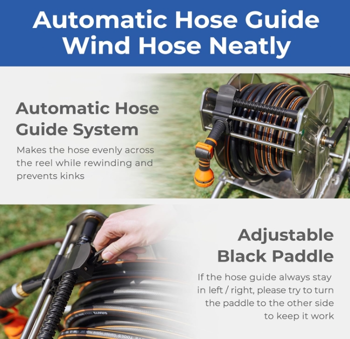 Giraffe Tools Garden Hose Reel Cart with Wheels, Stainless Steel