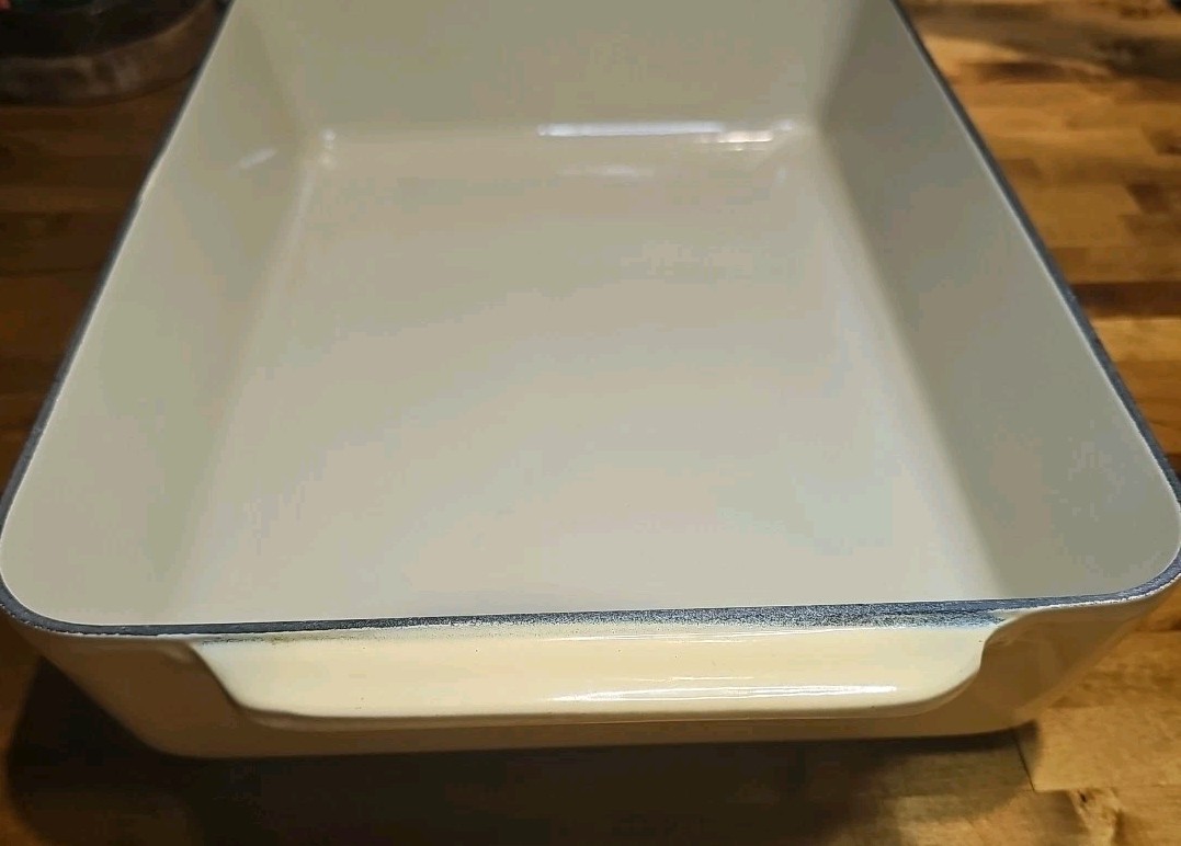 Vintage Cousances France Beige Enameled Cast Iron Roasting Pan 14" x 10"