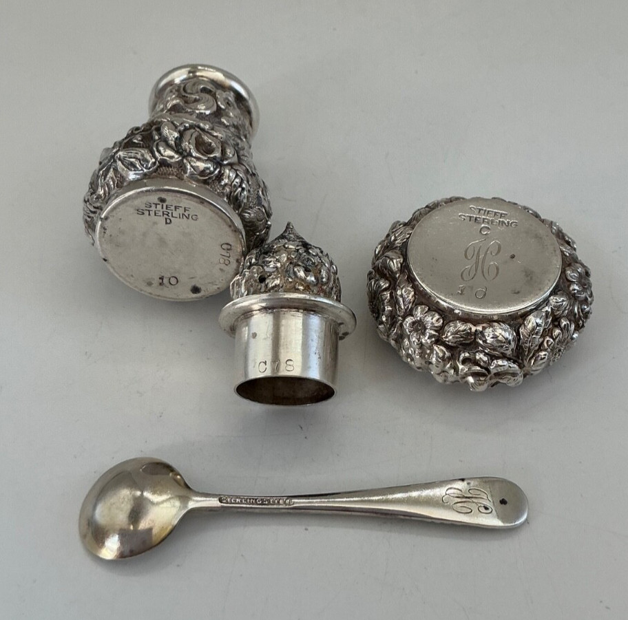 Antique Set Stieff Rose Sterling - Salt Cellar, Spoon and Pepper Shaker, 4 pc