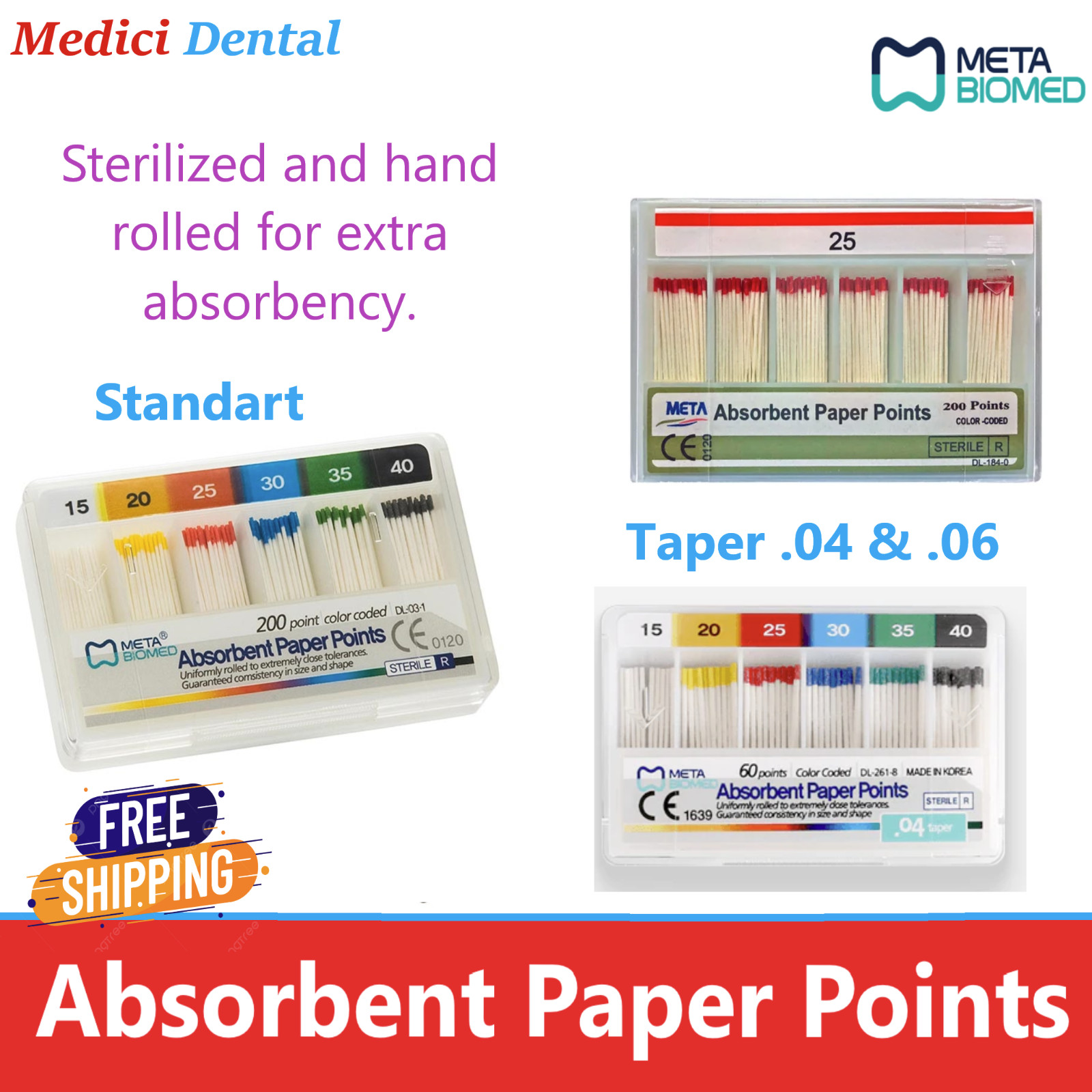 Dental META Absorbent Paper Points Endo Taper .06 or .04 , CHOOSE SIZE, 60/pk.