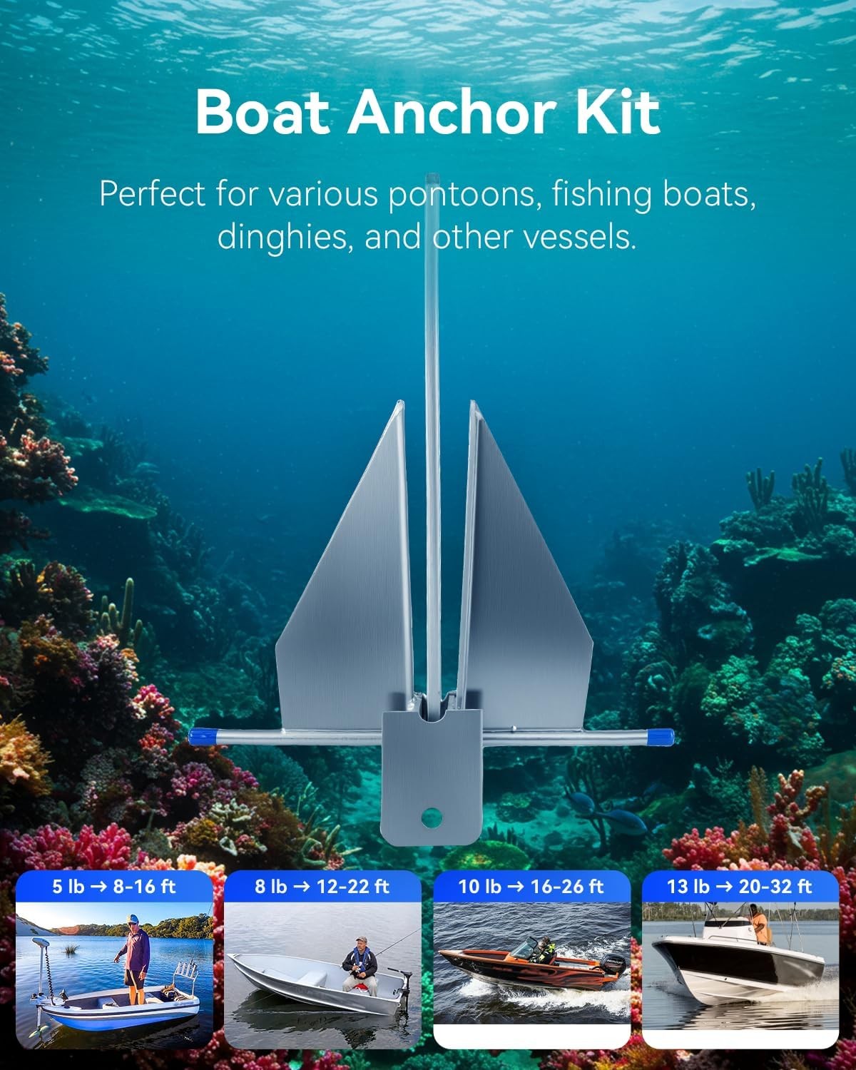 13 lb Galv Fluke Anchor Kit 100ft Rope 6.5ft Chain 2 Shackles for 20-32ft Boats