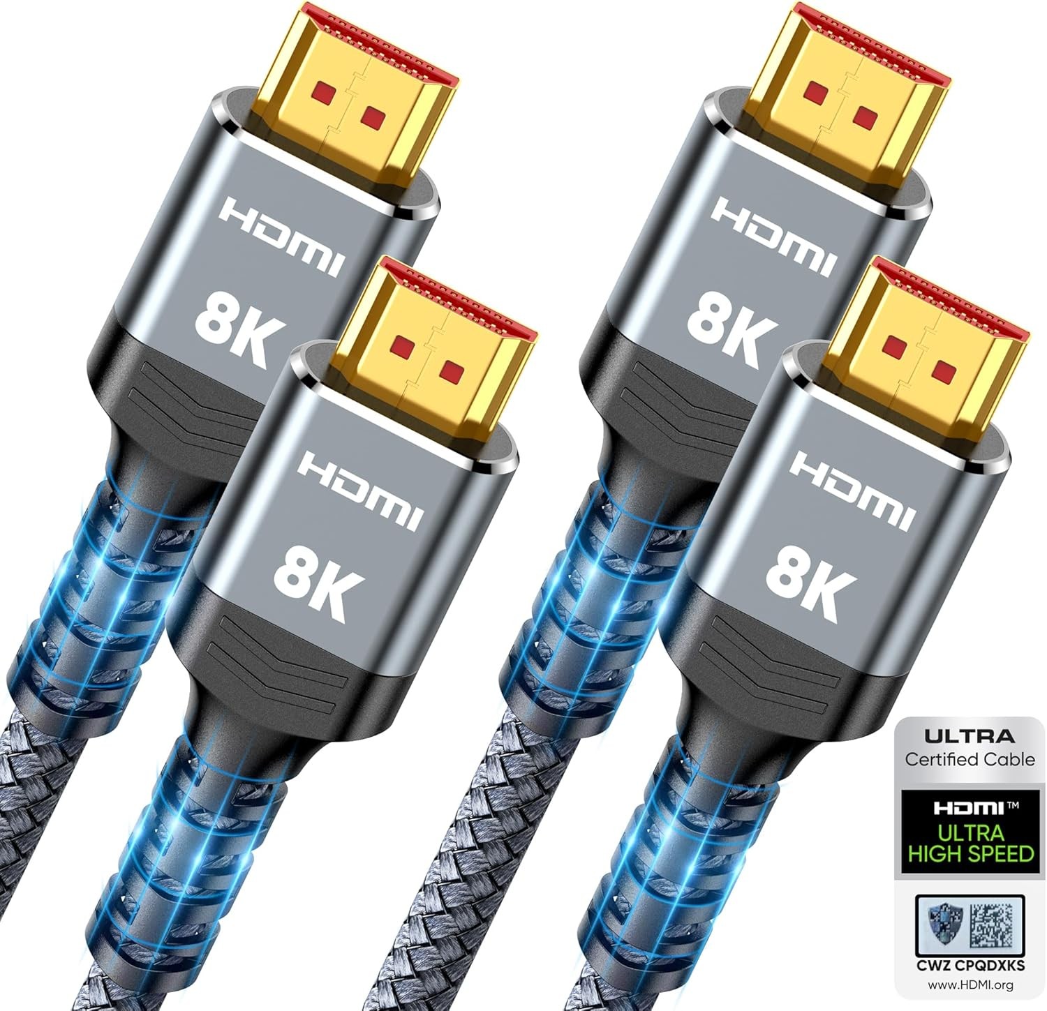 8K HDMI 2.1 Cable 2-Pack 6.6FT Certified 48Gbps Ultra High Speed4K@120Hz 8K@60Hz