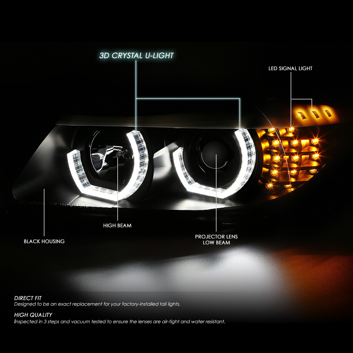 [3D U-Halo DRL+LED Signal] For 09-12 BMW E90 3-Series Projector Headlights Black