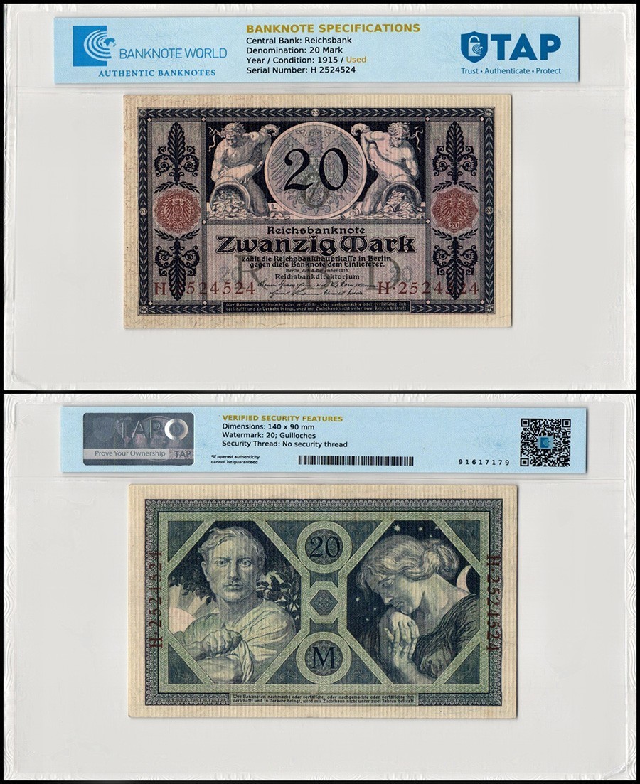 Germany 20 Mark, 1915, P-63, Used, Authenticated